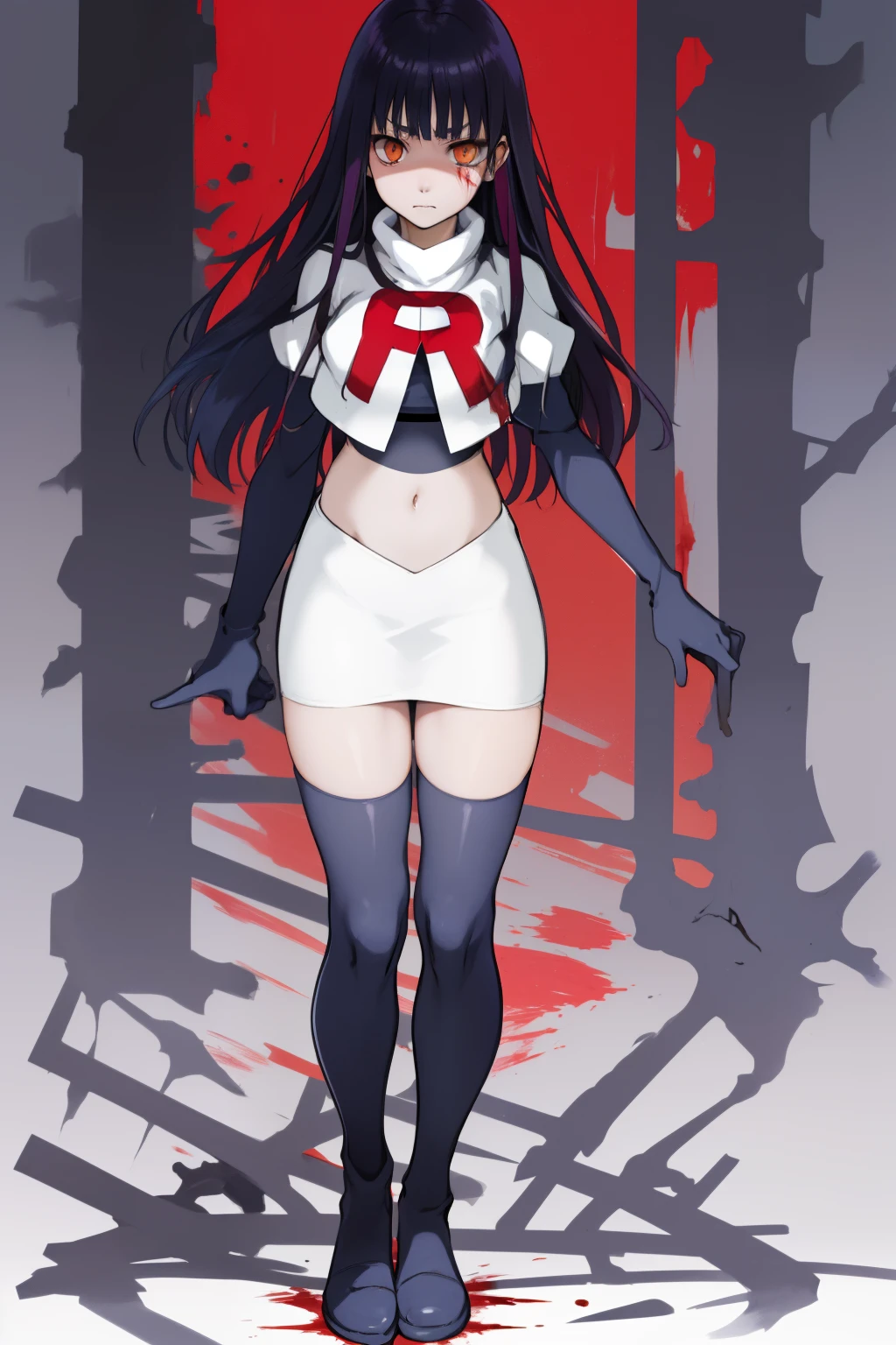 the anime, Furukawa Misao, yellow eyes, sad face, girl in depression, ((indigo hair)),  full height, Full-length girl, best Quality, blood, bloody girl, blood on hands, team rocket,team rocket uniform,white skirt,red letter R,crop top,black thigh-highs,black elbow gloves