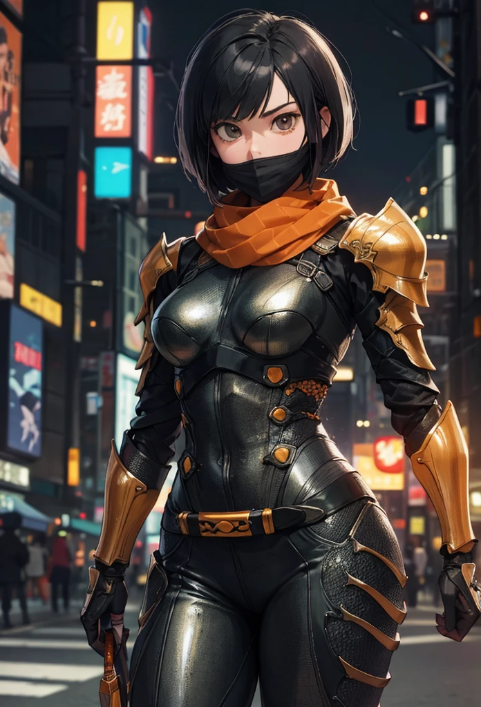 (Detailed illustrations,Very detailed and detailed drawing,Delicate lines with slow and rapid,Realistic texture expression),[Color tressed main line],[Shinjuku background at night],(ANIME) (NINJAGirl (Beautiful fece) ) well-muscled [Slim body] Short Bob Cut,([hornet] Orange Ninja Battle Armor) scarf [stall] ((Fitting rubber inner) [honeycomb] [edg]) hair adornments (Dull metallic luster:0.8),gravure [KUNOICHI],[highcontrast:0.6],(複雑でBeautiful fece装飾 [Dense detail]),(きめ細やかでBeautiful fece肌表現 [Transparency]),[完璧な目のdetaileds (Iris beautifully drawn in every detail)[Jewel-like eyes]],[長くてBeautiful fece睫毛],[Meticulously drawn hair [美しく艷やかな髪のdetaileds]],(完璧な手のdetaileds [Fingers without breakdown [Beautiful nails]]),(Perfect Anatomy(Perfectly proportioned))[[Full body like]],[[Design built to the highest level]][Ideal color coordination(Accurate simulation of light-material interactions)],([Precision Detail](detaileds,high-detail)),[Visual art that conveys a sense of narrative].