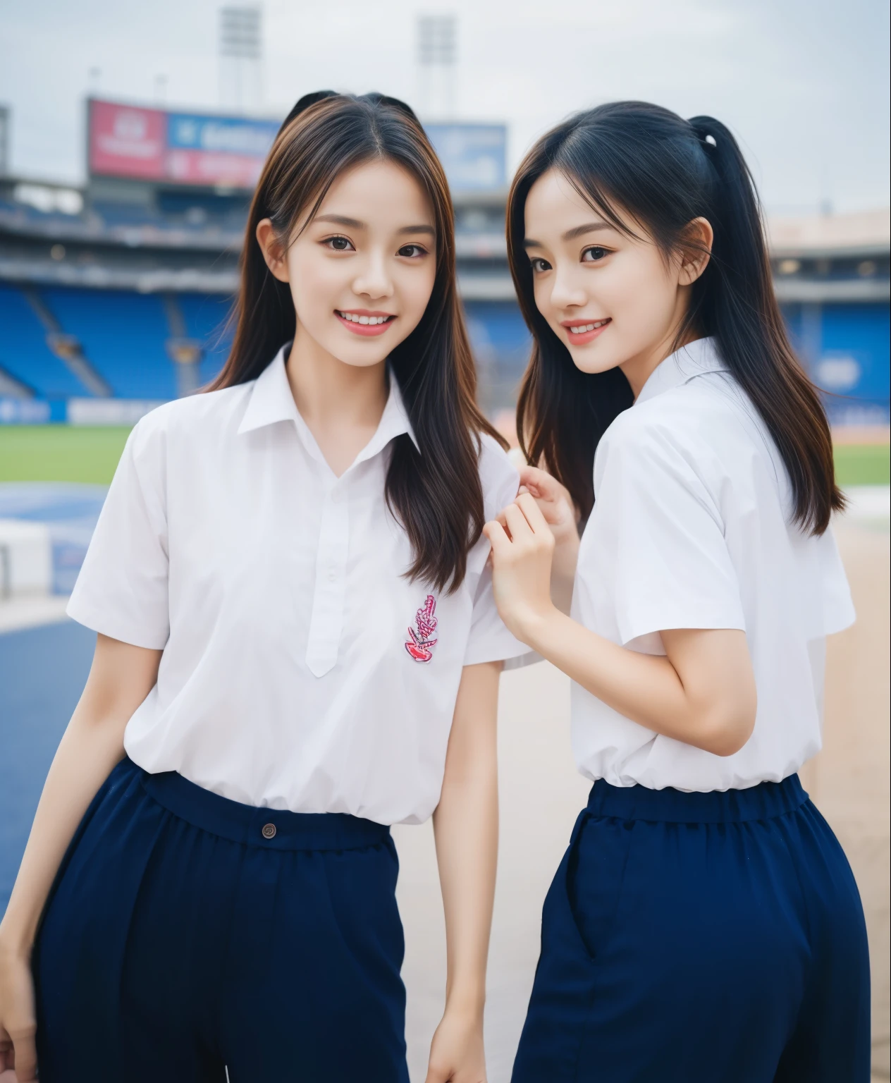 (bestquality,10,10,highres,masterpiece:1.2),ultra-detail,(Realistic,ภาพRealistic,photo-realistic:1.37),1 Cute girl in the football field,oily shiny skin,bara,light smile,BDclothelue shirt:1.3)),short sleeves,shirt, trousers.,(navy_long_ติดตามtrousers:1.1), ((Stadium Background:1.3)),dynamic angle,excited,face focus,Dynamic Poses,from behide,Ass Focus,masterpiece, bestquality, ultra realistic, hyper-detail, 8k resolution, RAW photo, crisp focus, ((Navy blue shirt:1.1)), short sleeves, เส้นทางlong, Complete bodyแบบ, 2 mature women, 18yo, cinematic light,trousersวอร์มสีน้ําเงิน,Gymware,Correct anatomy,Complete body, Correct body, sharp face, Correct bodyทางกายวิภาค, full entire body, Realistic gestures, long-haired, Realistic poses,Wear long shorts..............................,ช่วงขาlong,Shapely,Sculpting Girl, Slender Figure, mannequin mannequins, Shapely, Beautiful body,trousersวอร์มสีน้ําเงิน, Two girls kissing