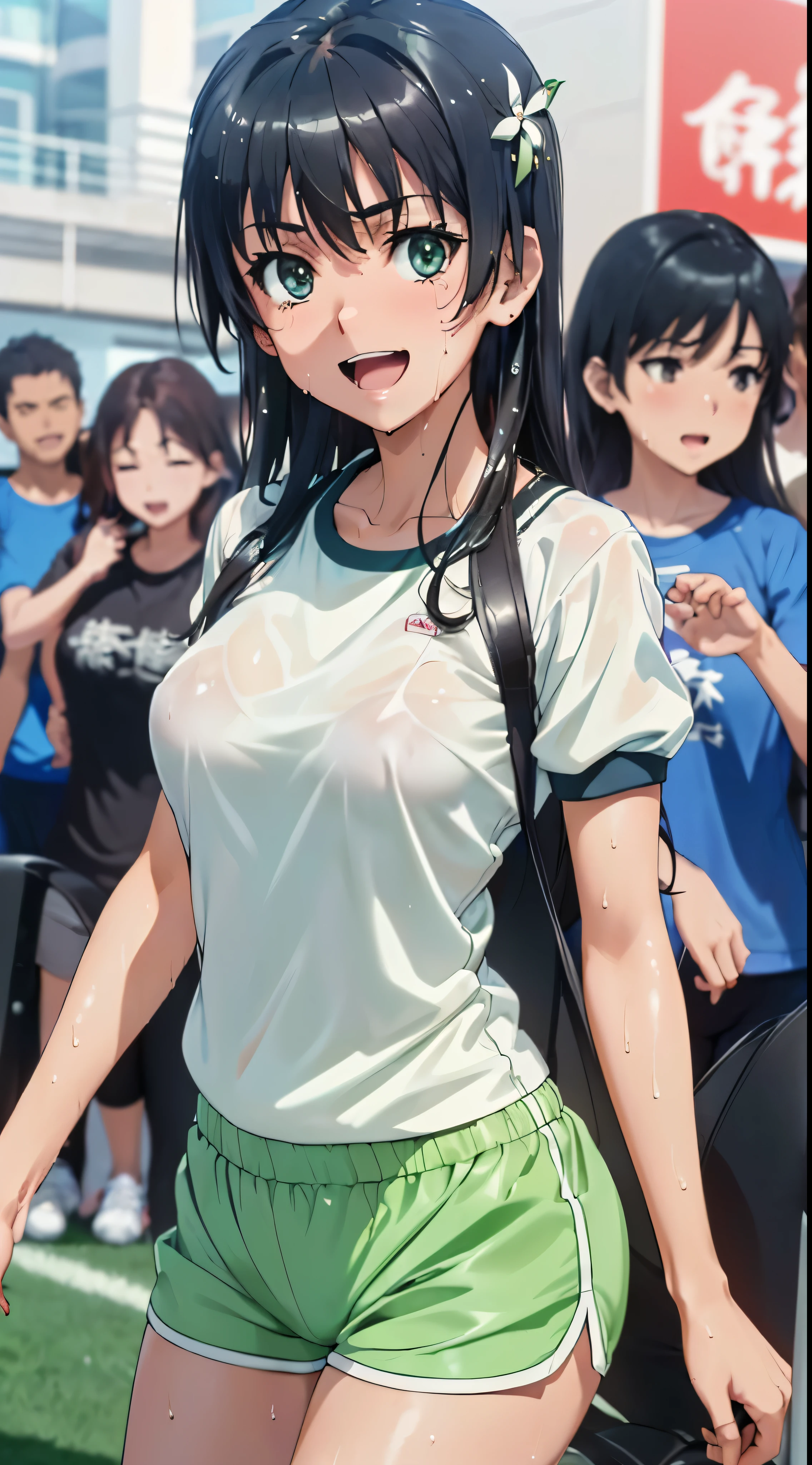 1womanl,Golden hair,14 year old beautiful breasts,(((Sexy white shiny short sleeve gym clothes and shorts、Smile with open mouth)),(((Satin Narico))),((( portlate))),Crowds,Shiny white short sleeve gym clothes and shorts,(Wet with sweat),((athletic field)),((see -through)),outside of house,(((clothes shiny))),