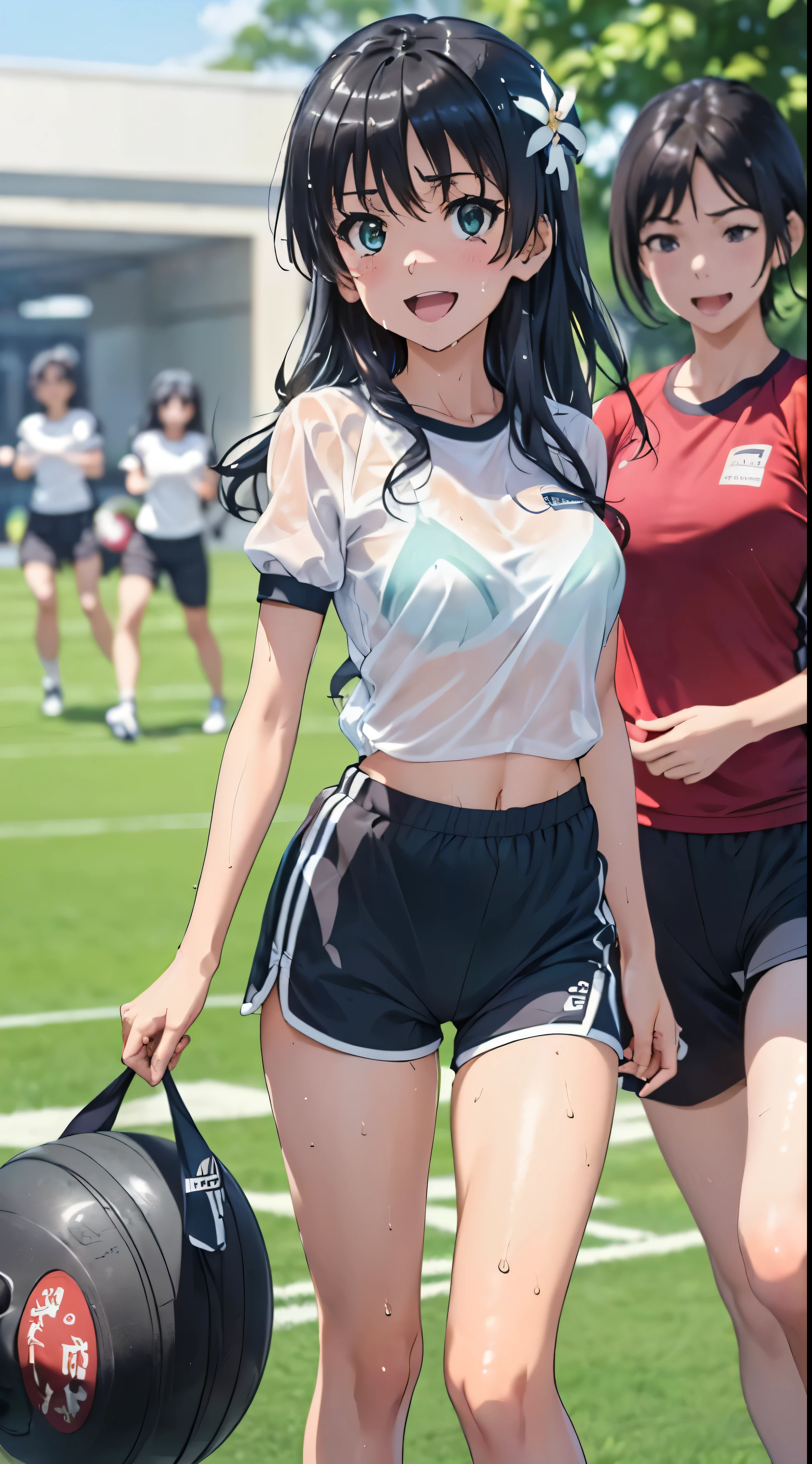 1womanl,Golden hair, beautiful breasts,(((Sexy white shiny short sleeve gym clothes and shorts、Smile with open mouth)),(((Satin Narico))),((( portlate))),Crowds,Shiny white short sleeve gym clothes and shorts,(Wet with sweat),((athletic field)),((see -through)),outside of house,(((clothes shiny))),