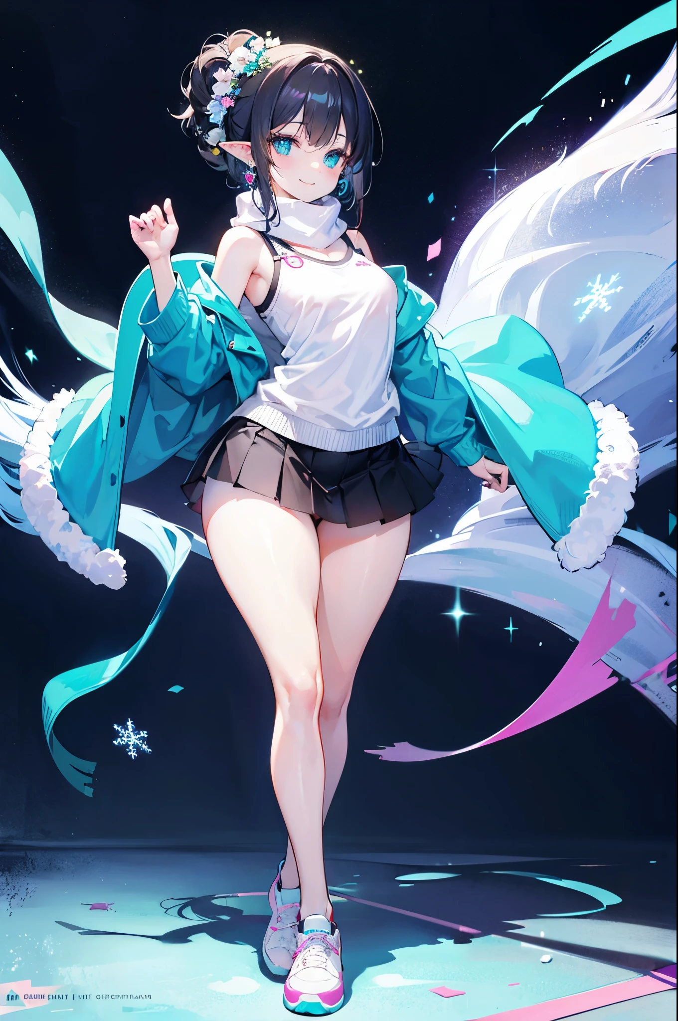 Detail image, realistic image, 1 elf. She has long black hair in a bun, large turquoise eyes, a delicate oval face, medium breasts and a curvy figure. She is wearing an off-shoulder sweater, thin thong, moccasin slippers, stockings to mid-thigh. snowflakes. Black background. Ambient light. Volumetric Light