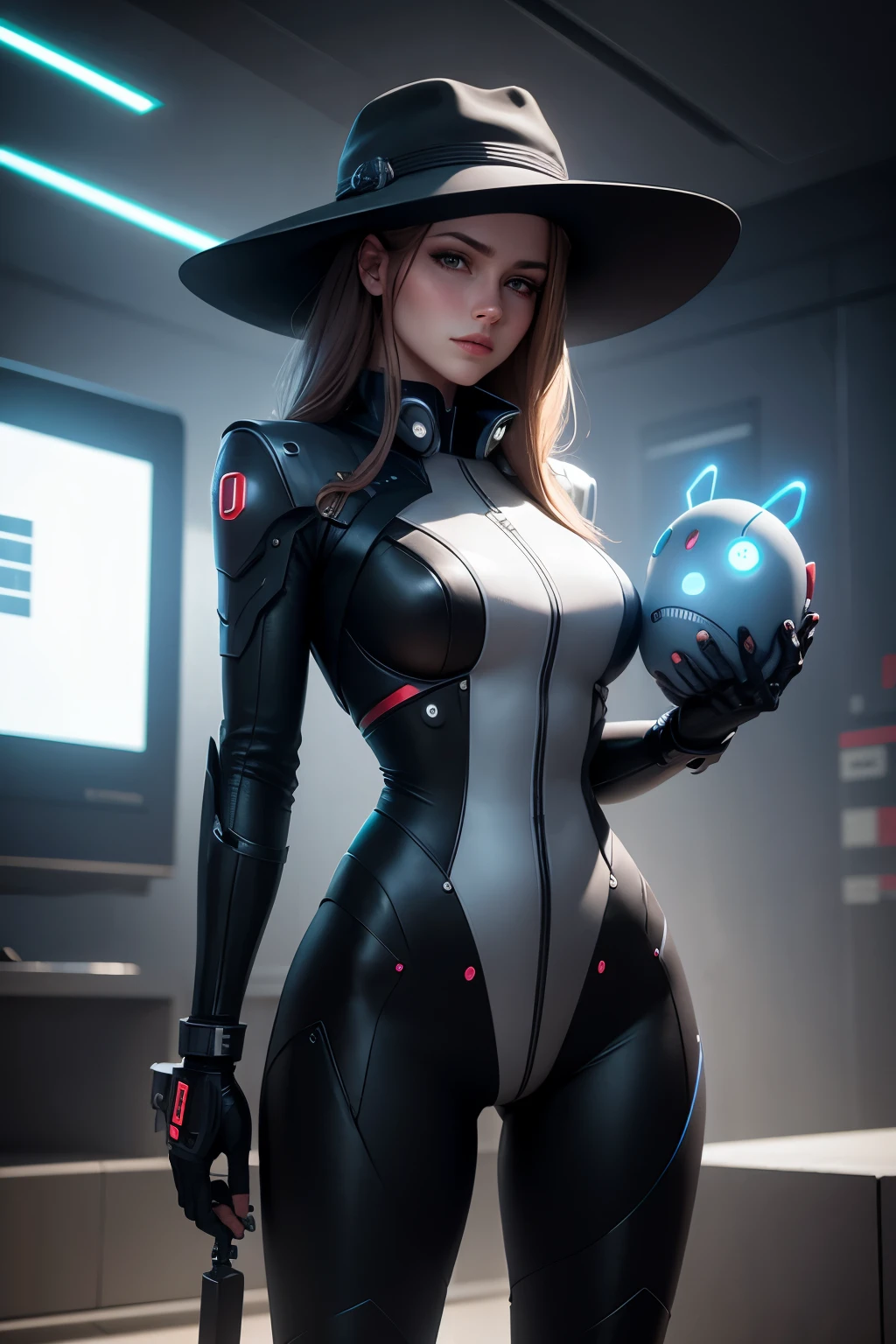 a woman wearing a hat and holding a robot, a stock photo by Hedi Xandt, featured on cg society, les automatistes, future tech, futuristic, sci-fi