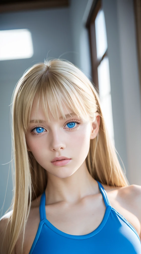 Beautiful blonde 18 year old American supermodel, Dancewear, Sporty, Looking at Viewer, Slender figure, Beautiful Blonde Girl, bangs between the eyes、Detailed face, realistic light blue eyes, Detailed bright glowing light blue eyes, very big eyes、Point the camera straight, FUJI XT3