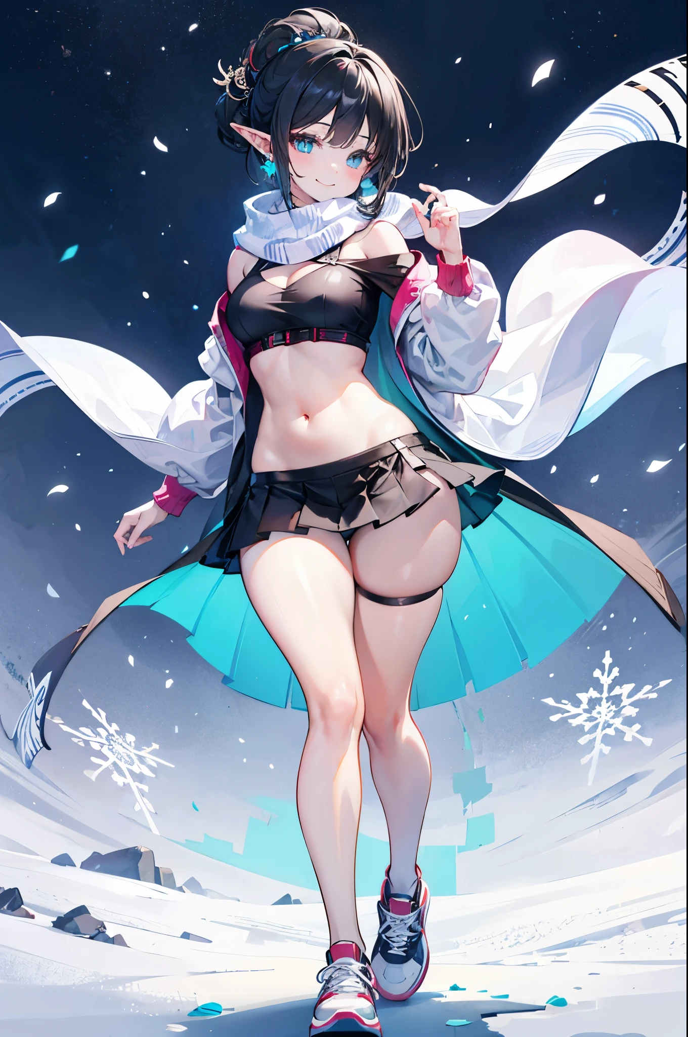 Detailed image, coherent image, high quality image, 1 elf, hair up with flower decorations, black hair.Turquoise eyes, long eyelashes, Earrings, smiling, wearing an off-shoulder sweater, with a scarf, pleated mini skirt, stockings to mid-thigh with light. Sneakers, curvy body, medium chest, thick thighs, round buttocks. At night, surrounded by snowflakes, Full body view, natural lighting,round ass