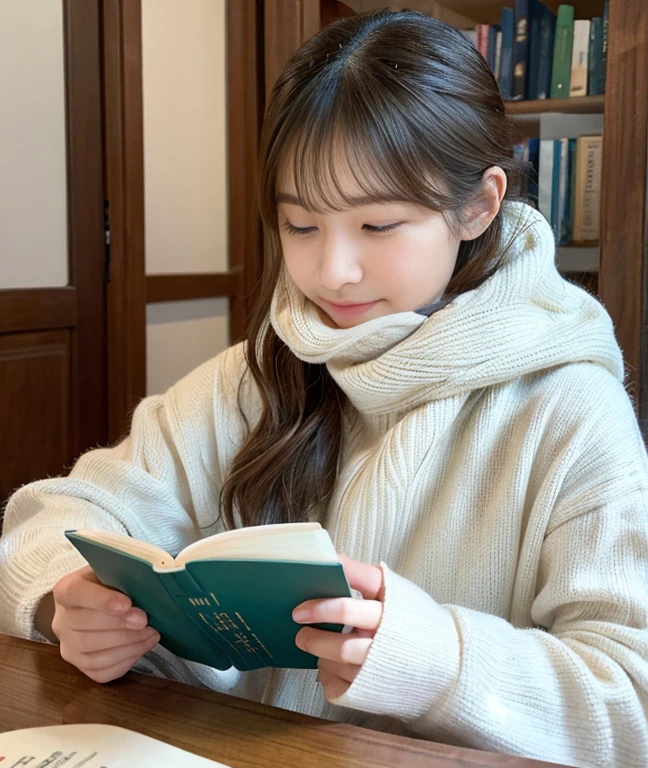 (ultra-detailliert、Raw photo、Top image quality、Realistic)、creative afternoon、Describes someone immersed in reading at home、The season is winter、Eyes are books、Create a quiet atmosphere