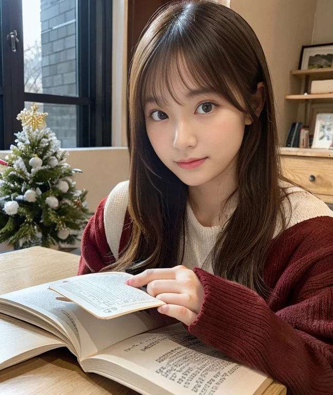 (ultra-detailliert、Raw photo、Top image quality、Realistic)、creative afternoon、Describes someone immersed in reading at home、The season is winter、Eyes are books、Create a quiet atmosphere