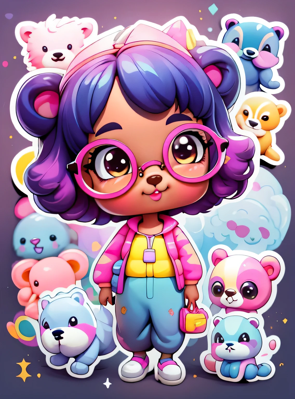 a cartoon girl with glasses, Menina afro-americana, menina elegante afro-americana, mochila roxa, long pants, camisa de urso, super bonito funky menina preta, arte digital detalhada bonito, Retrato de uma Lisa Frank, arte digital bonito, arte dos desenhos animados, estilo de arte dos desenhos animados, full-colour illustration, advanced digital chibi art, Cartoon style illustration, painting digital adorable, estilo de arte bonito, Estilo Lisa Frank, personagem bonito dos desenhos animados