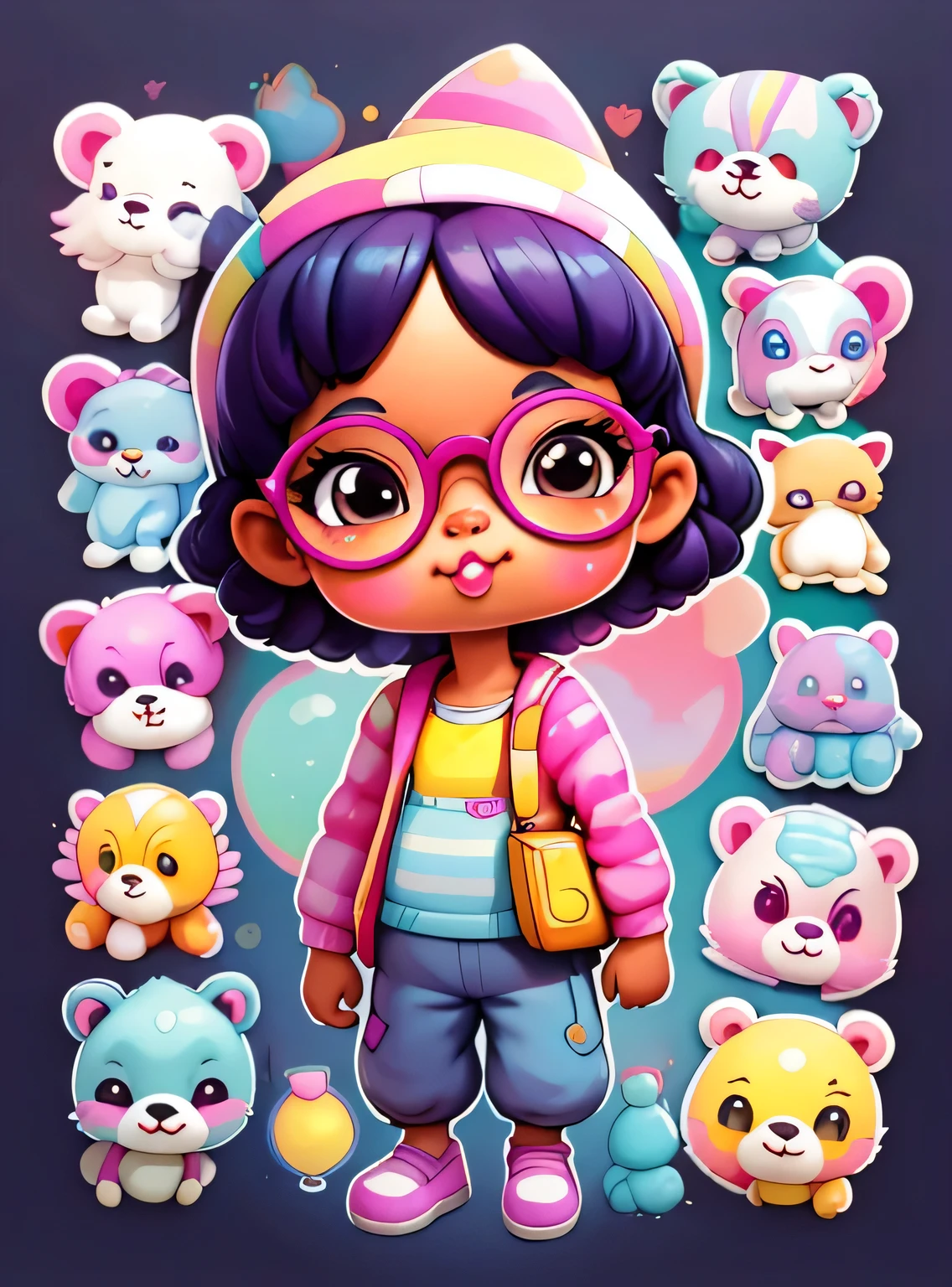 a cartoon girl with glasses, afro-americana, meninante afro-americana, mochila roxa, long pants, camisa de urso, super bonito funky menina preta digital detalhada bonito, Retrato de uma Lisa Frank, arte digital bonito, arte dos desenhos animados, estilo de arte dos desenhos animados, full-colour illustration, advanced digital chibi art, Cartoon style illustration, painting digital adorable, estilo de arte bonito, Estilo Lisa Frank, personagem bonito dos desenhos animados