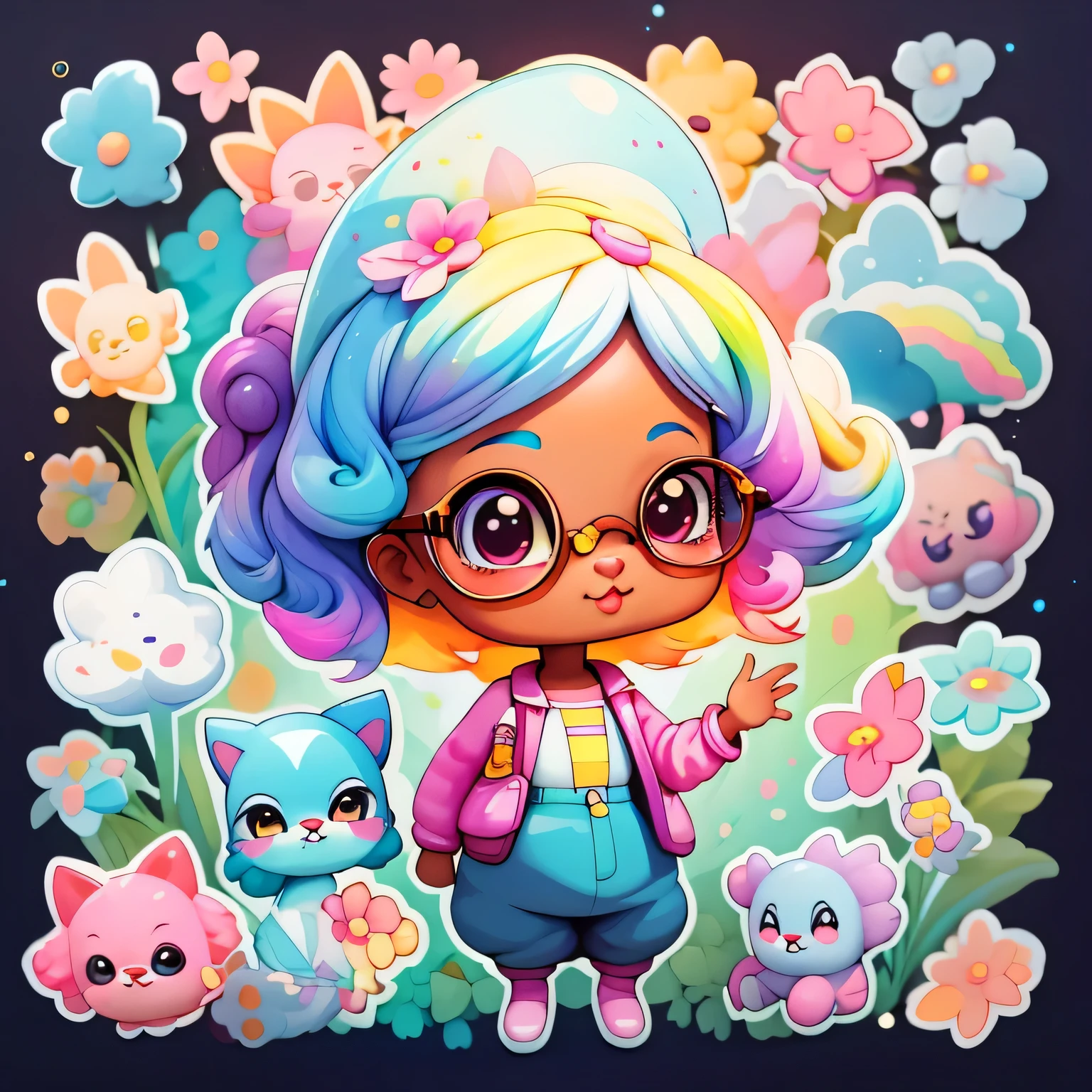 a cartoon girl with glasses, afro-americana, meninante afro-americana, mochila roxa, long pants, Muitas bolhas, flor, super bonito funky menina preta digital detalhada bonito, Retrato de uma Lisa Frank, arte digital bonito, arte dos desenhos animados, estilo de arte dos desenhos animados, full-colour illustration, advanced digital chibi art, Cartoon style illustration, painting digital adorable, estilo de arte bonito, Estilo Lisa Frank, personagem bonito dos desenhos animados, colorful flor