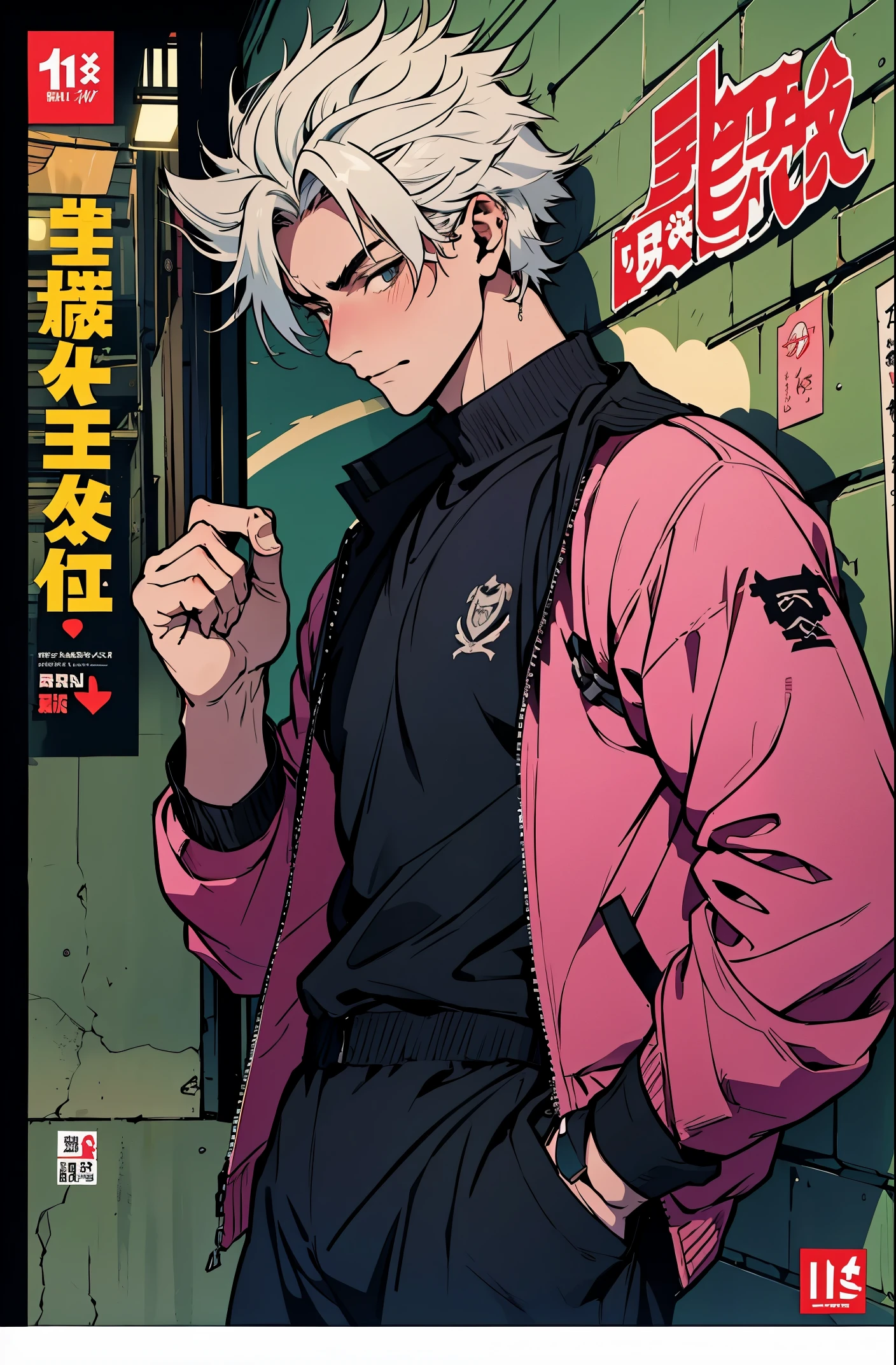 a mais alta qualidade, 8k, image high resolution, Jujutsu kaisen estilo anime , Arataki Itto, Detailed strokes, fundo desfocado, (a magazine cover style), purple light reflecting on him , (angulo de perto), 1 homem, jovem, masculo, modelo, standing , multicolored background with various geometric shapes , stikers em volta, musculoso, cabelo vermelho e branco, vestindo uma jaqueta fria , olhos marcantes , com a camisa, Peito inchado