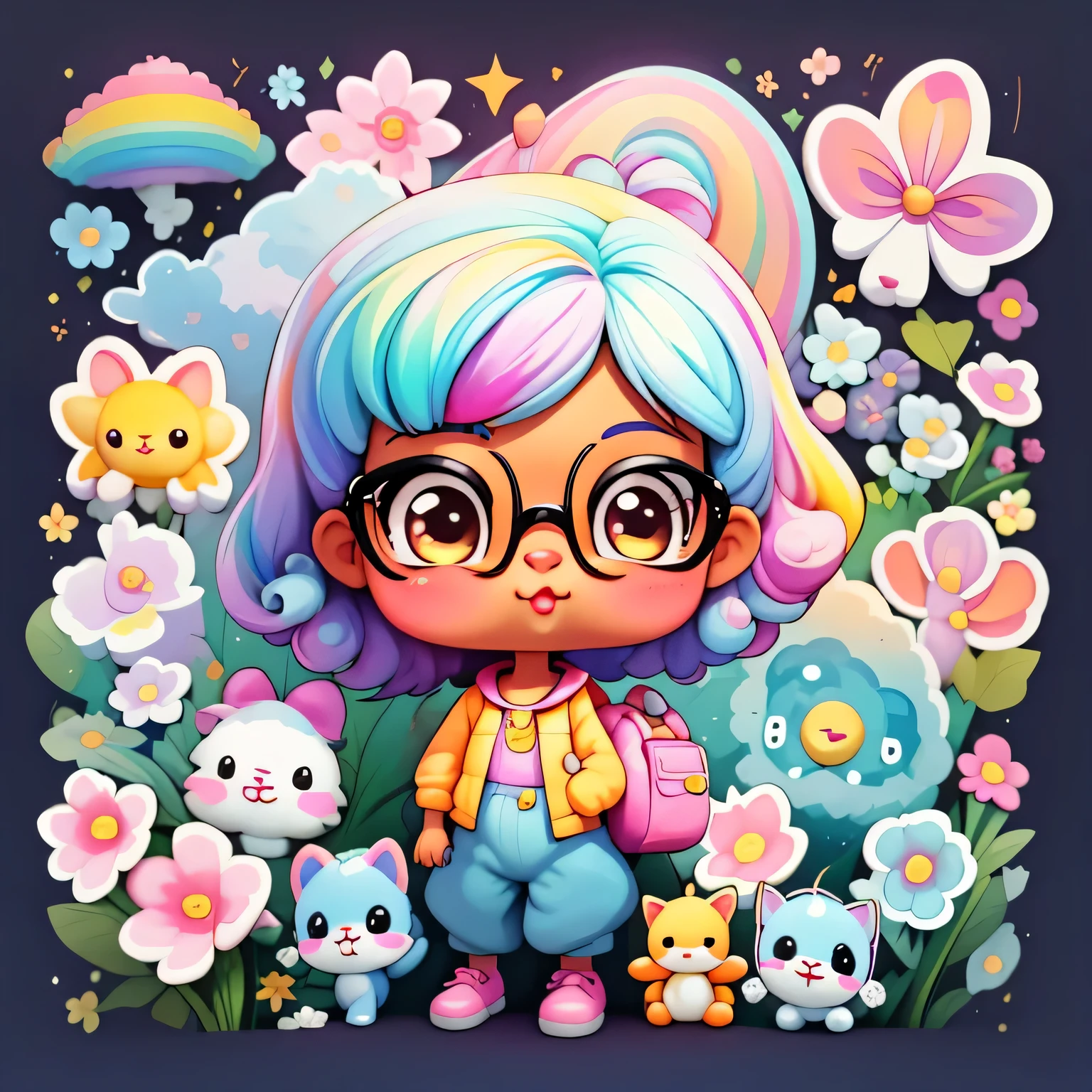 a cartoon girl with glasses, Menina afro-americana, menina elegante afro-americana, mochila roxa, long pants, Muitas bolhas, flor, super bonito funky menina preta, arte digital detalhada bonito, Retrato de uma Lisa Frank, arte digital bonito, arte dos desenhos animados, estilo de arte dos desenhos animados, full-colour illustration, advanced digital chibi art, Cartoon style illustration, painting digital adorable, estilo de arte bonito, Estilo Lisa Frank, personagem bonito dos desenhos animados, colorful flor