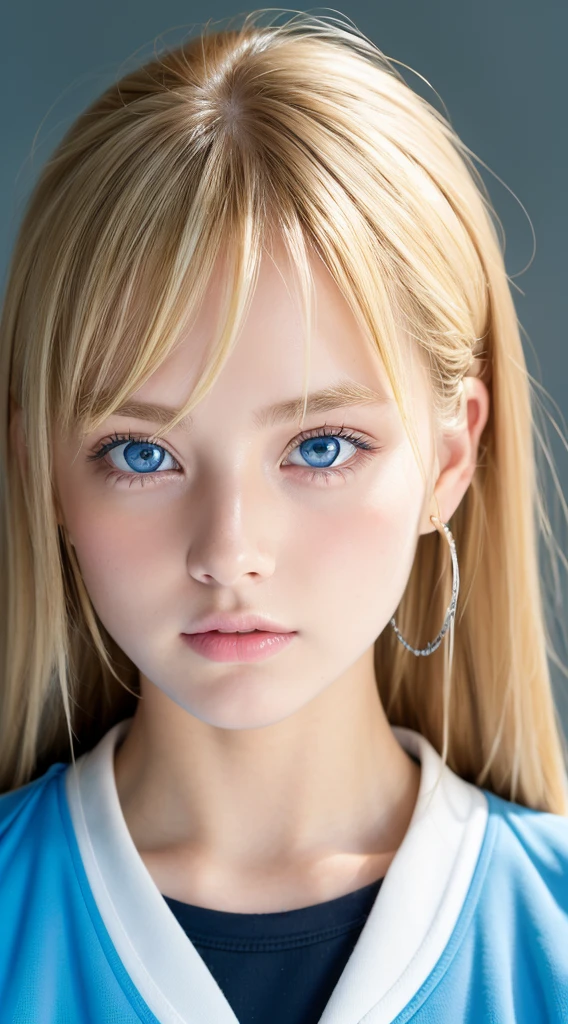Beautiful blonde 18 year old American supermodel,  Dancewear, Sporty, Looking at Viewer, Slender figure, Beautiful Blonde Girl, bangs between the eyes、Detailed face, realistic light blue eyes, Detailed bright glowing light blue eyes, very big eyes、Point the camera straight, FUJI XT3、Round face、Small face beauty、cheek gloss highlight、