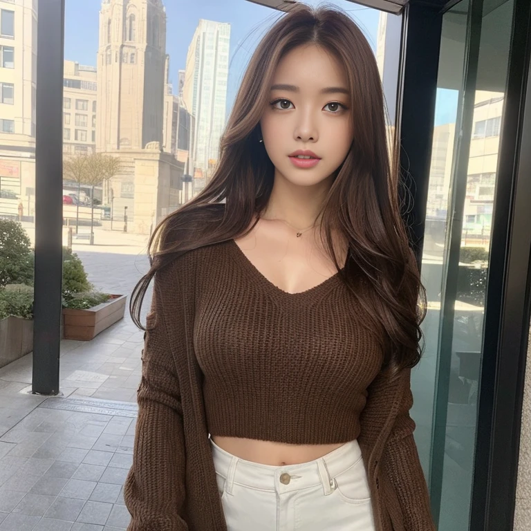 Realistic lighting, Best quality, 8K, Masterpiece: 1.3)), Clear focus: 1.2, 1girl, Perfect beauty: 1.4, Big breasts: 1.2, Slim abs: 1.1, ((dark brown hair)), (cute winter outfit ), (outside), daytime: 1.1), art gallery, Super fine face, fine eyes, Double eyelids, full body picture