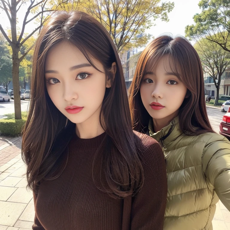 Realistic lighting, Best quality, 8K, Masterpiece: 1.3)), Clear focus: 1.2, 1girl, Perfect beauty: 1.4, Big breasts: 1.2, Slim abs: 1.1, ((dark brown hair)), (cute winter outfit ), (outside), daytime: 1.1), art gallery, Super fine face, fine eyes, Double eyelids, full body picture