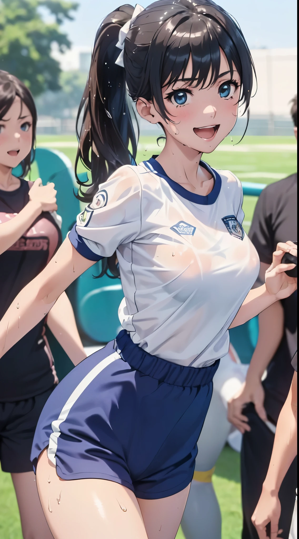 1womanl,Golden hair, beautiful breasts,(((Sexy white and blue shiny short sleeve gym clothes and shorts、Smile with open mouth)),((())),((( portlate))),Crowds,Shiny white short-sleeved gym uniform and blue shorts,(Wet with sweat),((athletic field)),((see -through)),outside of house,(((clothes shiny))),Beautiful ponytail