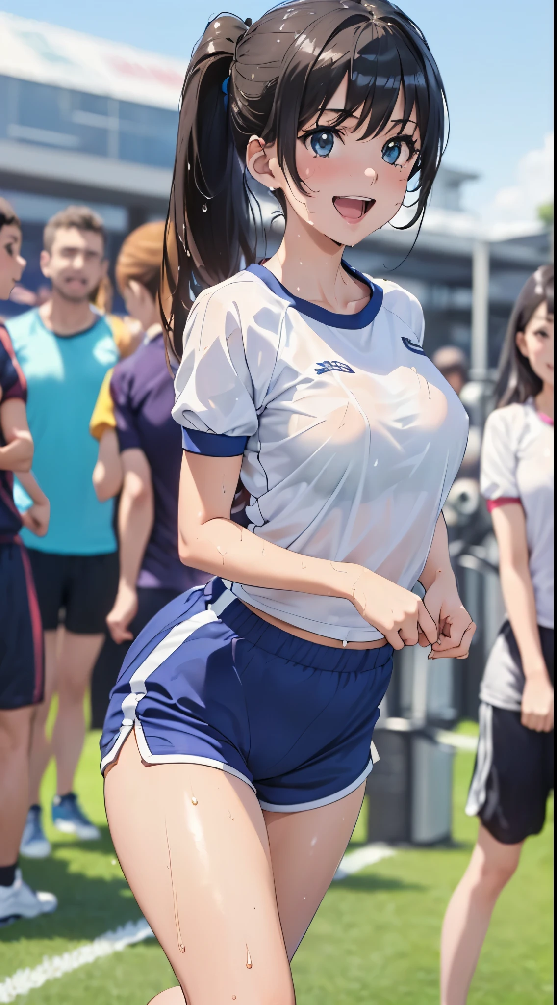 1womanl,Golden hair, beautiful breasts,(((Sexy white and blue shiny short sleeve gym clothes and shorts、Smile with open mouth)),((())),((( portlate))),Crowds,Shiny white short-sleeved gym uniform and blue shorts,(Wet with sweat),((athletic field)),((see -through)),outside of house,(((clothes shiny))),Beautiful ponytail