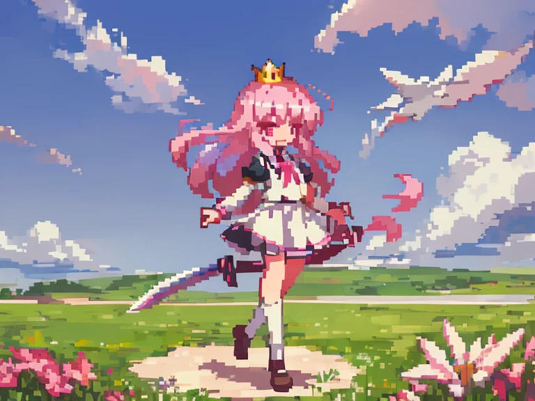 A swordsman girl is playing with birds on a beautiful meadow。The girl has long pink hair and pink eyes,Wear a JK school uniform,Sword in hand,With a crown on the head,Wearing knee-length black mid-length socks,Smiling in the sunshine。There are many flowers on the grassland,