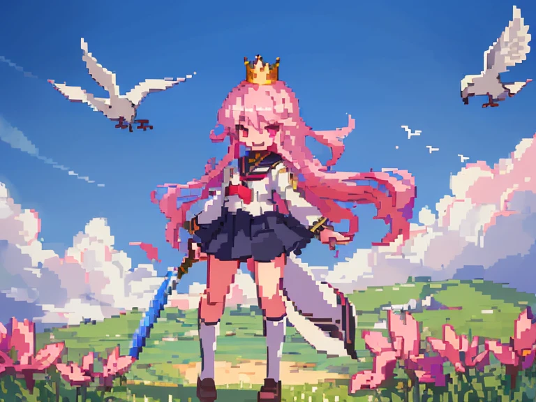 A swordsman girl is playing with birds on a beautiful meadow。The girl has long pink hair and pink eyes，Wear a JK school uniform，Sword in hand，With a crown on the head，Wearing knee-length black mid-length socks，Smiling in the sunshine。There are many flowers on the grassland，