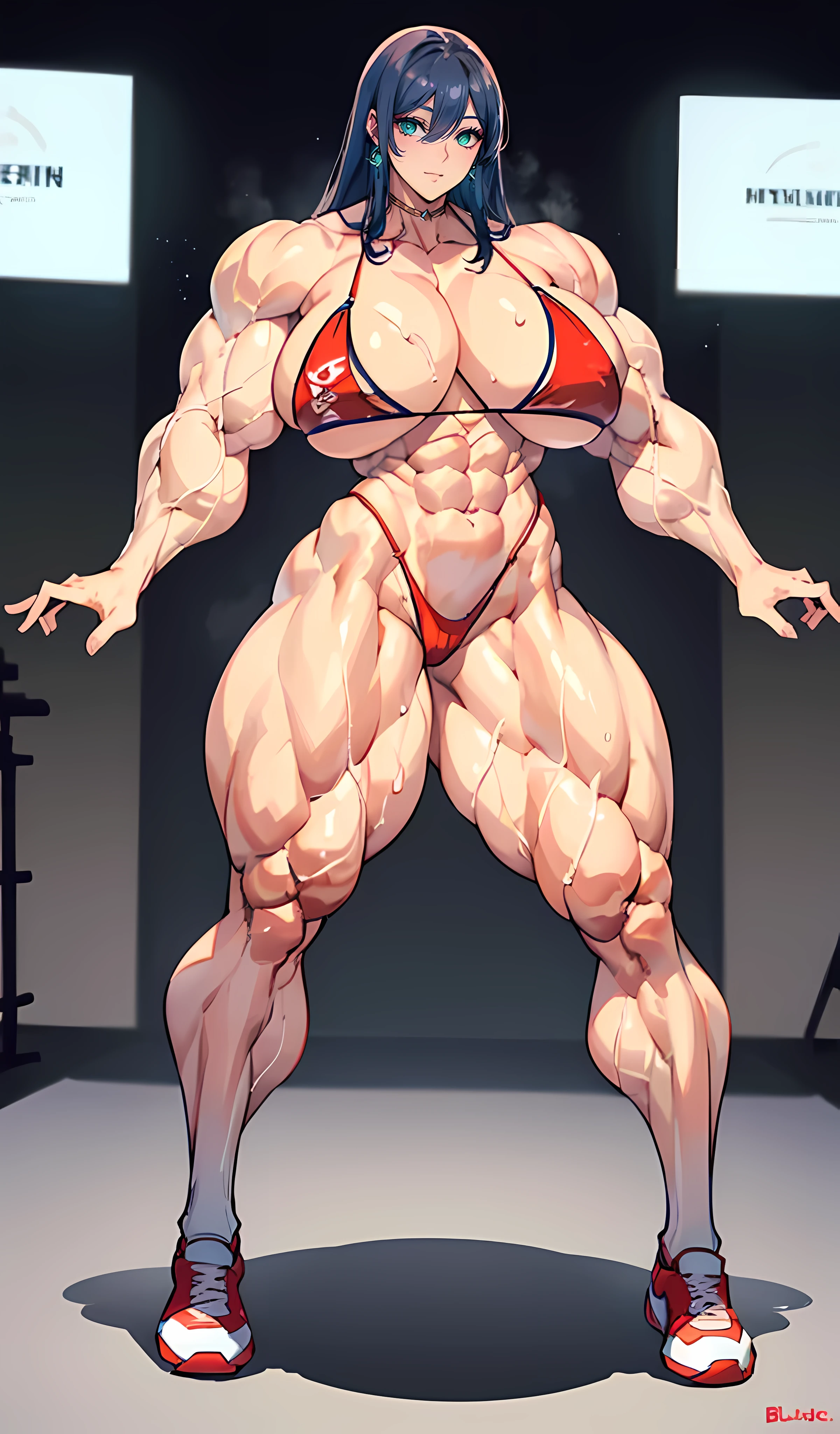 (masterpiece: 1.2), (best quality: 1.2), (accurate anatomy: 1.5), perfect eyes, perfect face, volumetric lighting, 1girl, mature female on gym, mother, very muscular body , very tall  , cute face, very defined muscles , bitting lips , sexy, micro bikini, smiling, blushing, sweat, huge breasts, thick thighs, thick body, (((Huge breasts))), ((long legemale Bodybuilder)), ((((Muscular Legs)))), ((((Huge Muscles))))