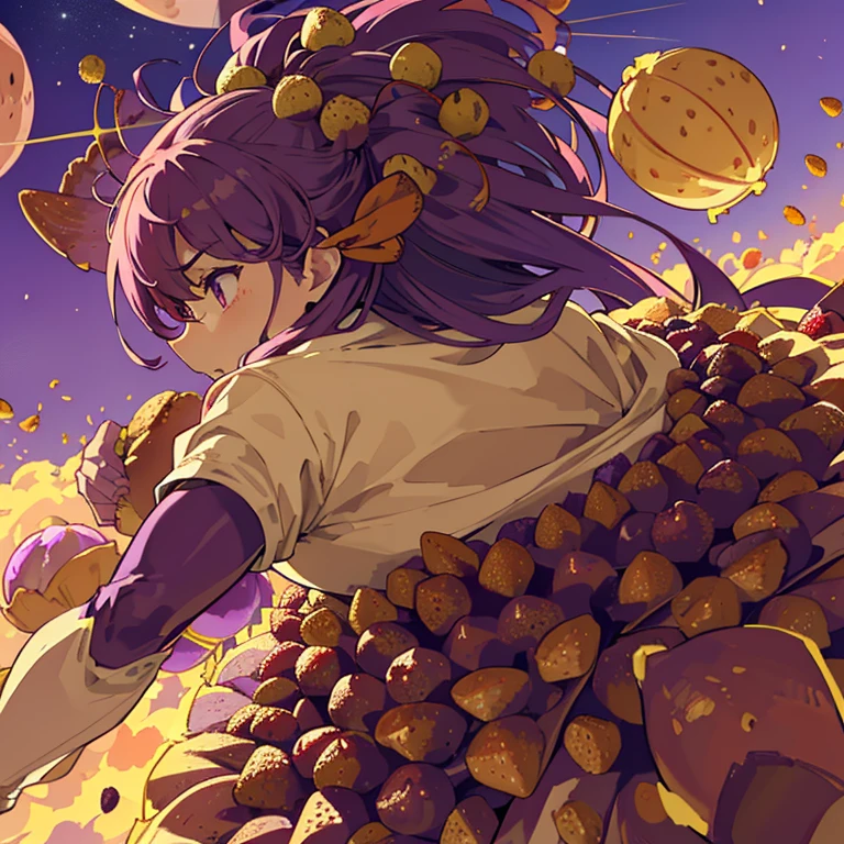 Flying Purple Sweet Potato Armor Girl covered in boiling Large strawberry cake stand serving a large purple sweet potato jam、Amazing dynamism、Amazing Angle、unstable buoyancy sandstorm、((Lots of friendly dried fruit spheres drifting and chasing in close clusters))、(surround each other every third'serpent ball)、