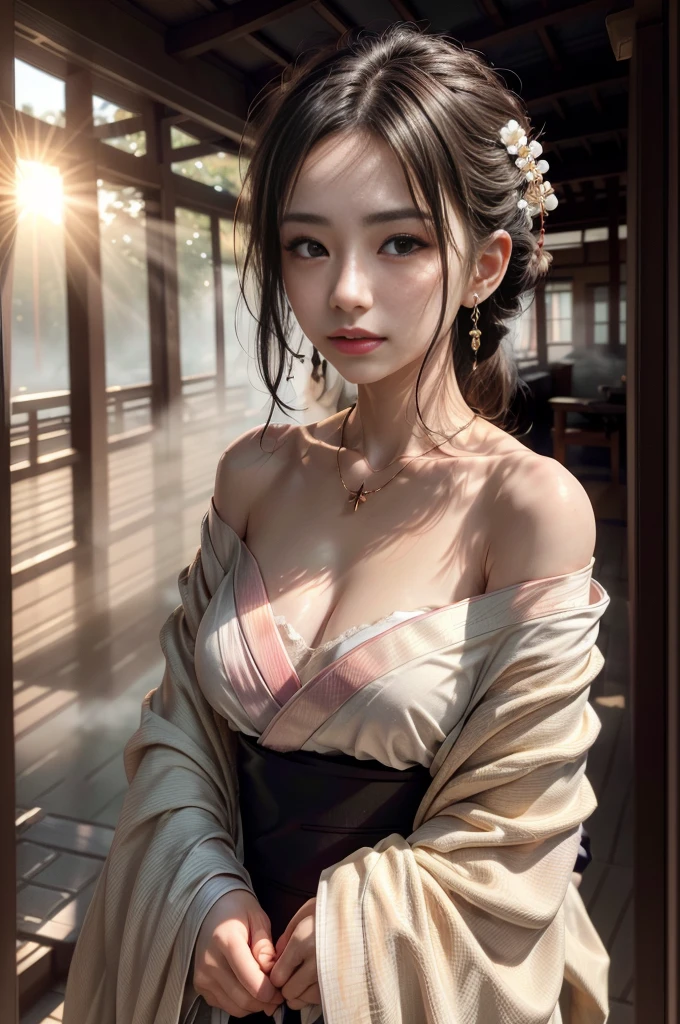 ((RAW shooting:1.5)), (Photoreal Stick:1.5, masutepiece:1.5, 8K), (top-quality, ​masterpiece, 超A high resolution), morning, Precincts of the shrine, ((fog the lens:1.4)), ((Shoot with blur:1.5)), ((sunrises, Sunlight coming in from behind:1.6, Strong sunlight spreads across the screen:1.6)), ((Strong sunlight shines on a woman:1.7)), ((The entire screen appears white and hazy due to strong sunlight.:1.8)), ((The woman looks blurry due to the strong sunlight:1.9)), Professional camera work:1.3, Highly detailed skin and facial texture:1.3, Grow Light Effect, The ultra-detailliert:1.3, 1girl in, Fair skin, (Sense of clarity:1.4, a small face), Extremely beautiful face:1.5, (Sense of clarityを感じる目:0.9, looking distantly), A smile:1.0, (Slightly open mouth:0.4, Sense of clarityを感じる口当たり:0.7), 二重まぶた, Dark brown medium hair, necklace and earrings, (Wearing Kimono Correctly Off Shoulder)