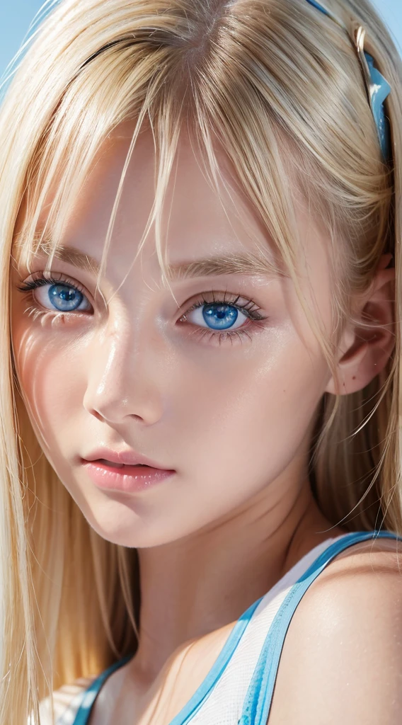 Beautiful blonde 18 year old American supermodel, Dancewear, Sporty, Looking at Viewer, Slender figure, Beautiful Blonde Girl, bangs between the eyes、Detailed face, realistic light blue eyes, Detailed bright glowing light blue eyes, very big eyes、Point the camera straight, FUJI XT3、Round face、Small face beauty、cheek gloss highlight、
