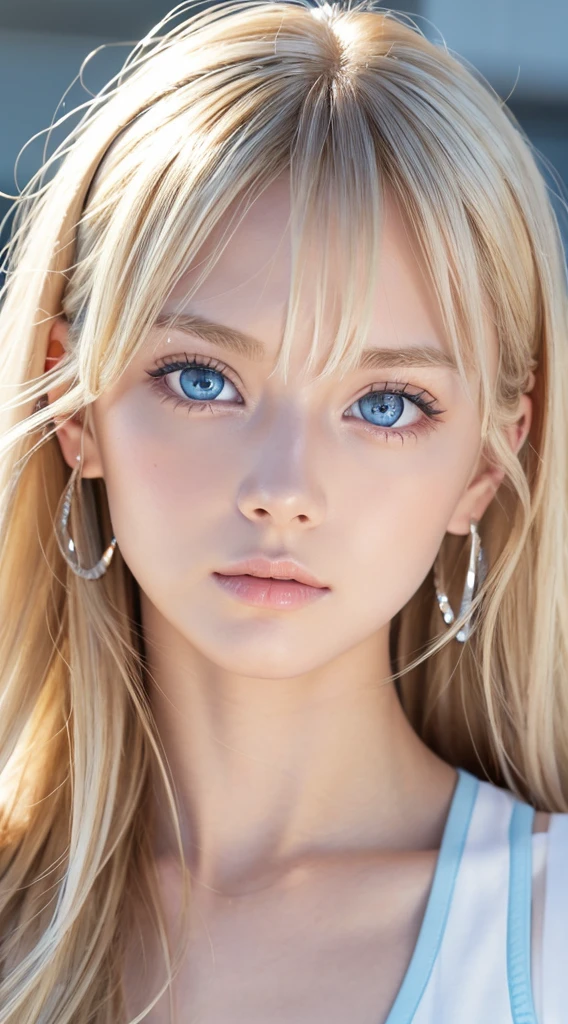 Beautiful blonde 18 year old American supermodel, Dancewear, Sporty, Looking at Viewer, Slender figure, Beautiful Blonde Girl, bangs between the eyes、Detailed face, realistic light blue eyes, Detailed bright glowing light blue eyes, very big eyes、Point the camera straight, FUJI XT3、Round face、Small face beauty、cheek gloss highlight、