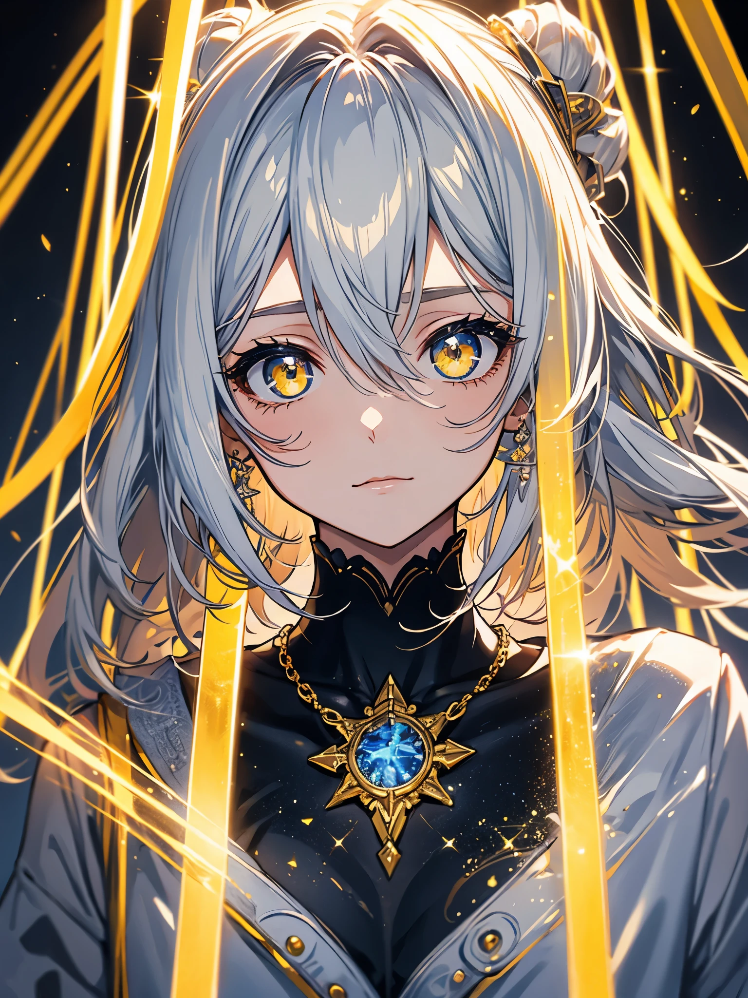 estilo mksks, 1girl, fofo, surrounded by yellow lighting, olhos dourados, cabelos brancos, fundo preto, Closeup, no smile, master part, ultra detalhado