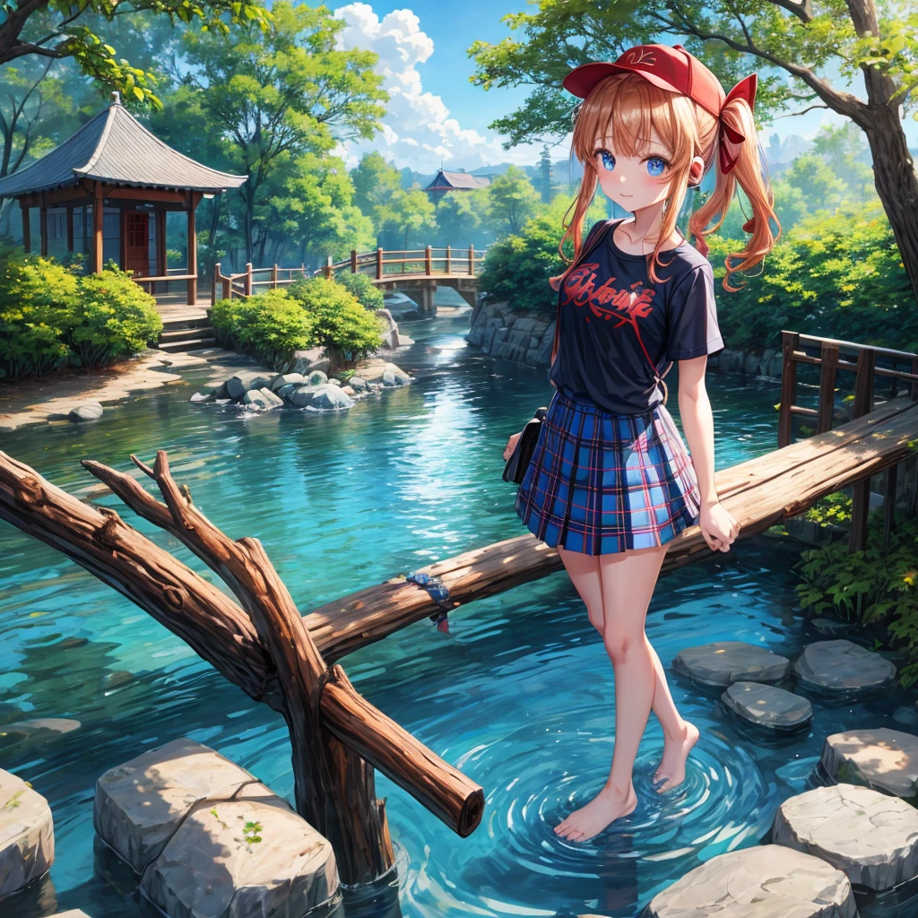 Red-blonde、Blue hair、blue eyess、Braids、poneyTail、one good looking girl、独奏、animesque、Plaid miniskirt、Black T-shirt、camisole、the woods、Walking、Wearing a plaid baseball cap、bare-legged、Tilting your face、log bridge、Doing the ribbon、have a twig、falls、Blue Topaz、Sunset sky、Wearing headphones、Stone bridge、falls壺、Waterwheel、Small fish are swimming