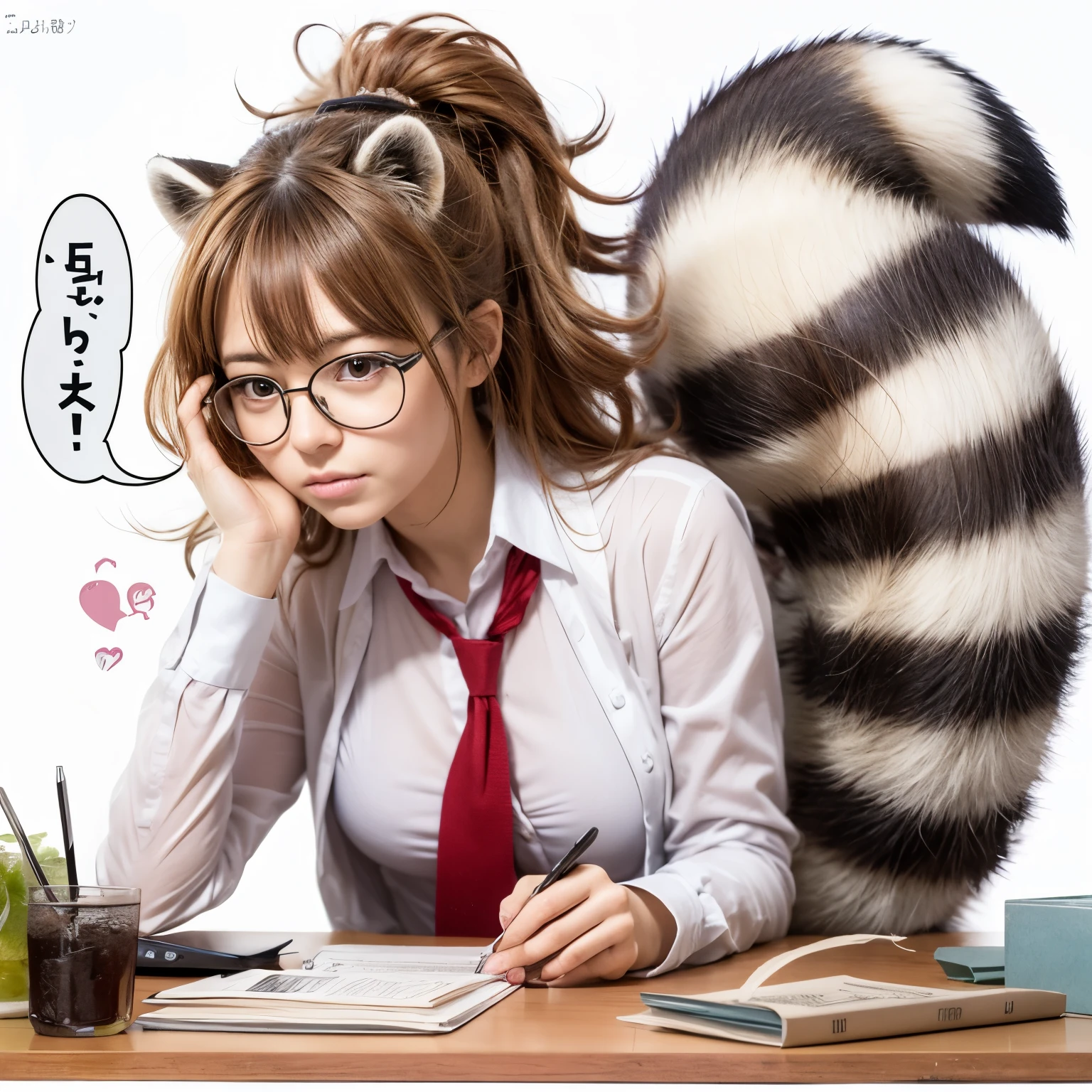 A woman with a raccoon tail wearing glasses and a red tie and sitting at a desk, A woman wearing a pleated miniskirt with a raccoon tail, anthropomorphic racoon, けもの, Realistic, a picture, top-quality, Her pleated miniskirt is flipped up and her tail is visible.:1.5 ,Realistic tail, small tits, slender, White panties, tail, Bushy tail, Realistic tail, High floor office in Tokyo, flat chest