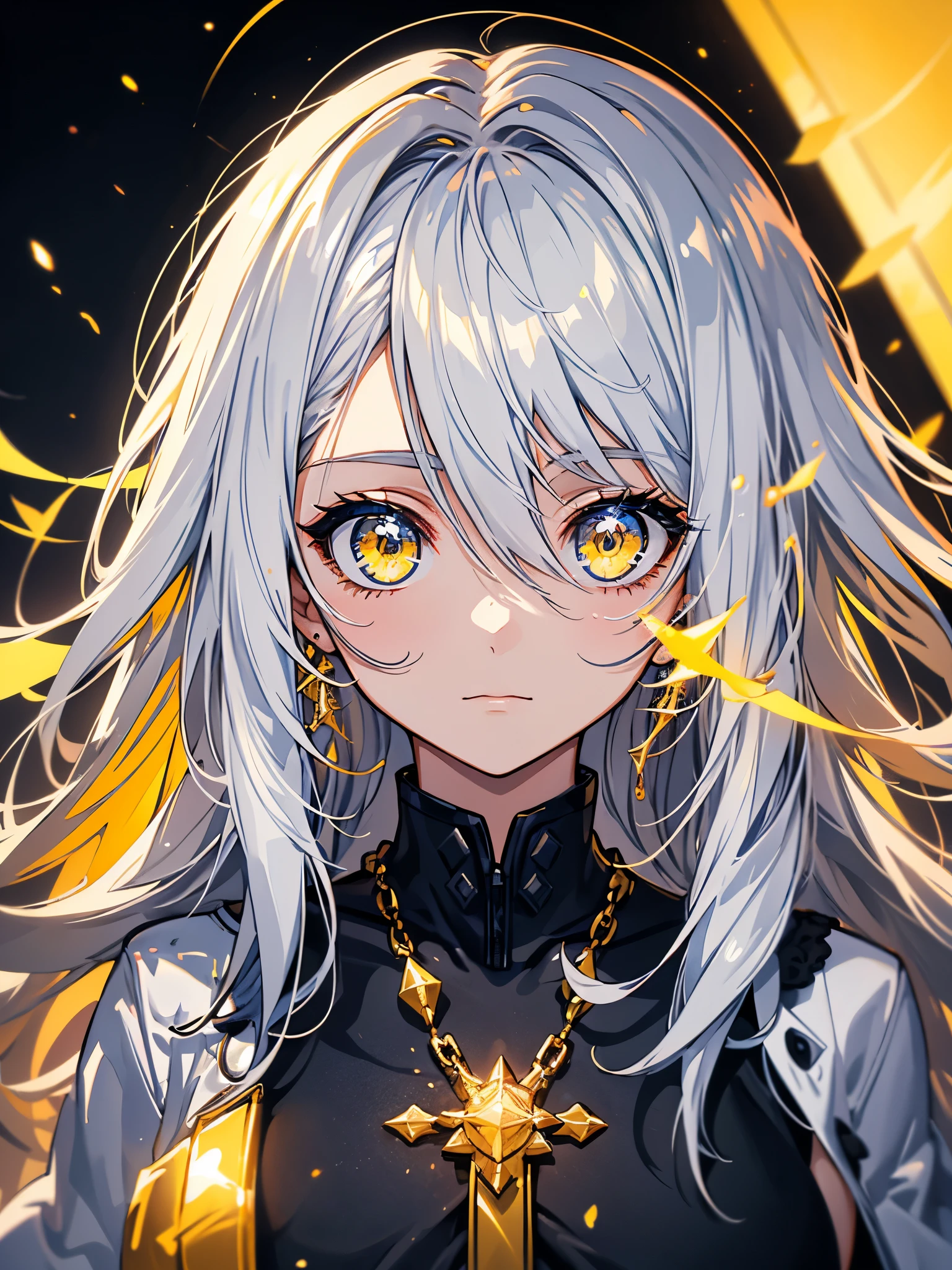 estilo mksks, 1girl, fofo, surrounded by yellow lighting, olhos dourados, cabelos brancos, fundo preto, Closeup, no smile, master part, ultra detalhado