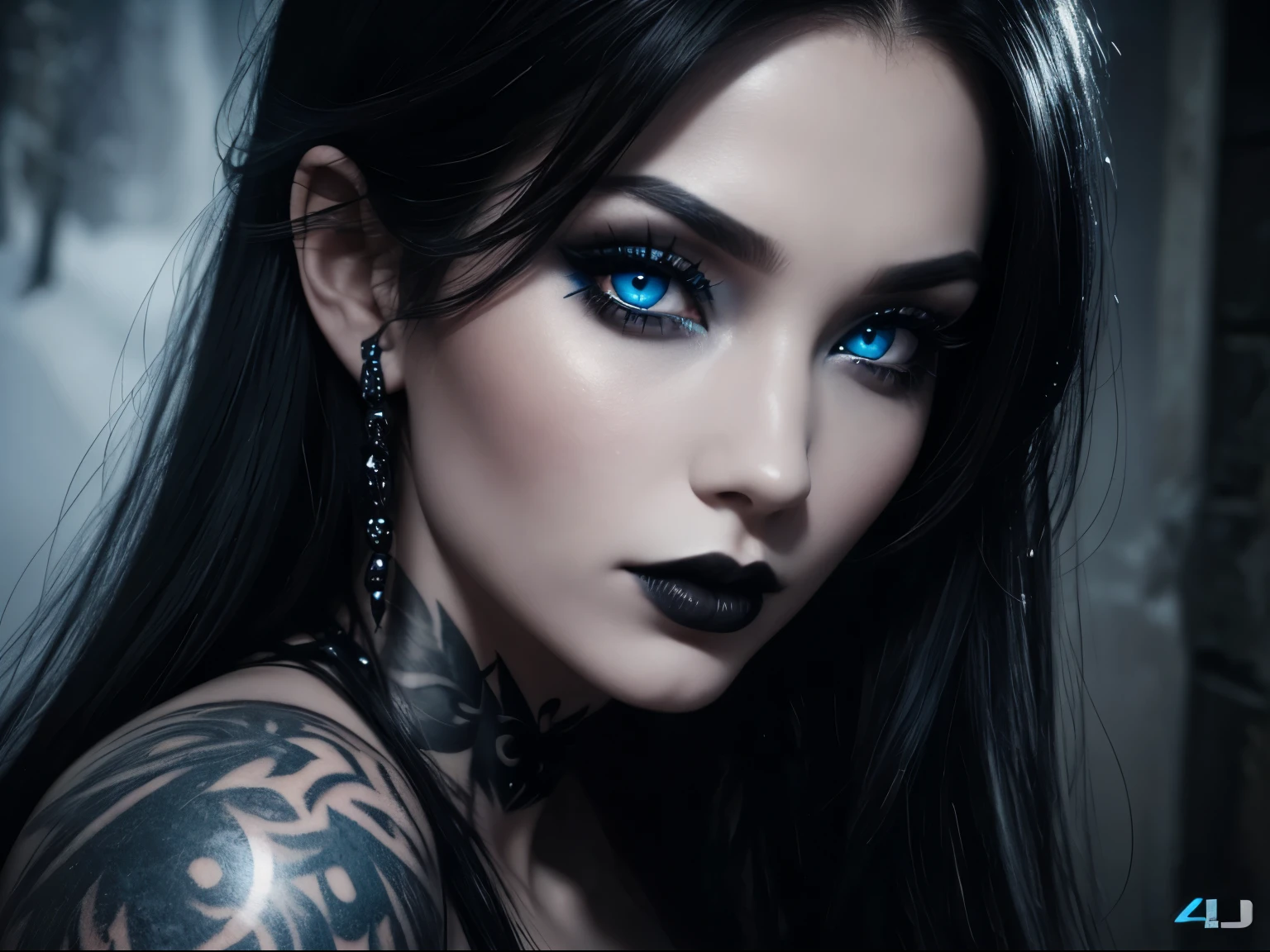 mole under eye, blue eyes, sharp_eyes, in dark, dark theme, masterpiece, best quality, ray tracing, volumetric light, realistic, photo realistic, ultra highres, Big breasts, Exposed cleavage, open mouse,