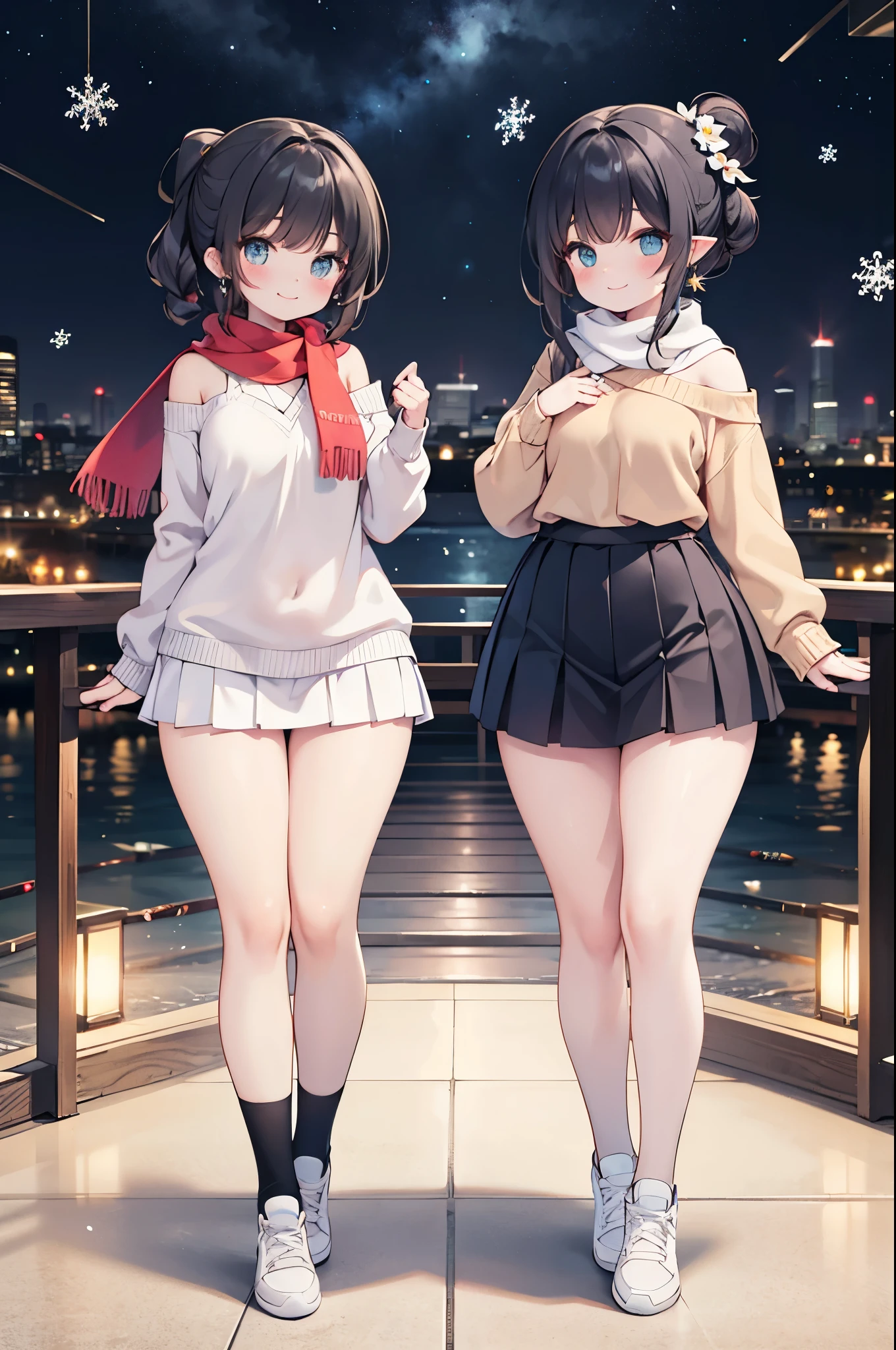 Detailed image, coherent image, high quality image, 1 elf, hair up with flower decorations, black hair.Turquoise eyes, long eyelashes, Earrings, smiling, wearing an off-shoulder sweater, with a scarf, pleated mini skirt, stockings to mid-thigh with light. Sneakers, curvy body, medium chest, thick thighs, round buttocks. At night, surrounded by snowflakes, Full body view, natural lighting,round ass