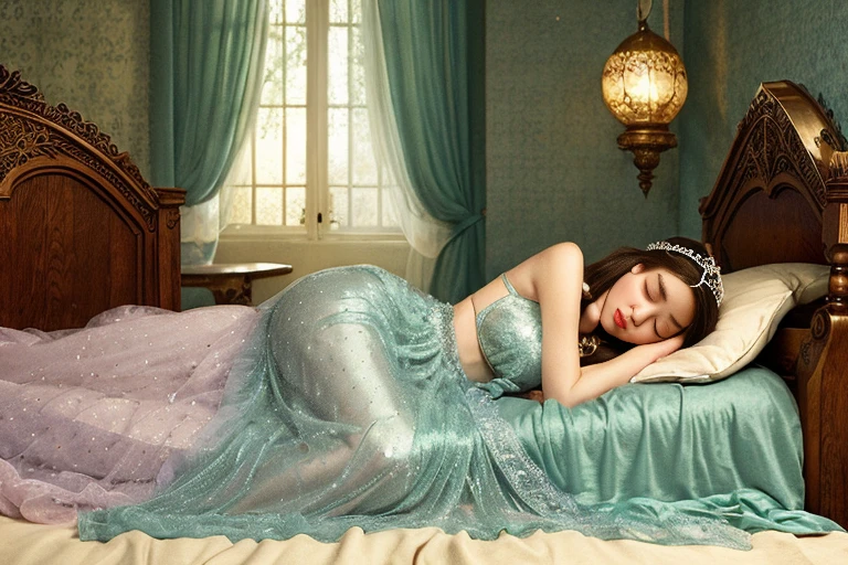 “La Belle au bois dormant”, Perrault Fairy Tales, etching illustration, storybook illustration, beautiful princess, (((sleeping on bed, sleeping for a long time))), (((small bust, narrow waist))), (((wearing night gown, tiara))), (((victorian art style, art by John Tenniel)))