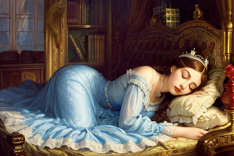 “La Belle au bois dormant”, Perrault Fairy Tales, etching illustration, storybook illustration, beautiful princess, (((sleeping on bed, sleeping for a long time))), (((small bust, narrow waist))), (((wearing night gown, tiara))), (((victorian art style, art by John Tenniel)))