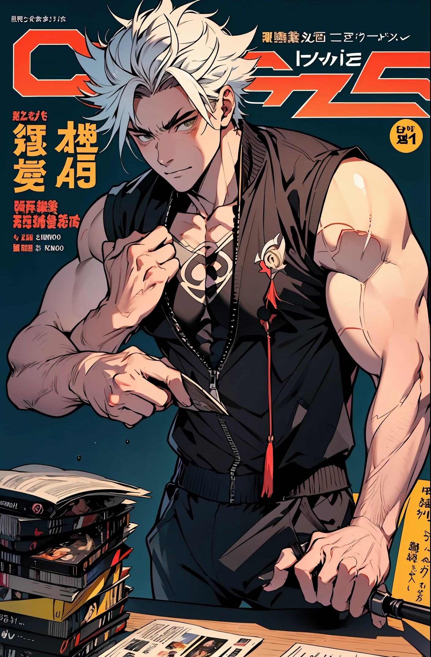 a mais alta qualidade, 8k, image high resolution, Jujutsu kaisen estilo anime , Arataki Itto, Detailed strokes, fundo desfocado, (a magazine cover style), purple light reflecting on him , (angulo de perto), 1 homem, jovem, masculo, modelo, standing , multicolored background with various geometric shapes , stikers em volta, musculoso, cabelo vermelho e branco, vestindo uma jaqueta fria , olhos marcantes , com a camisa, Peito inchado