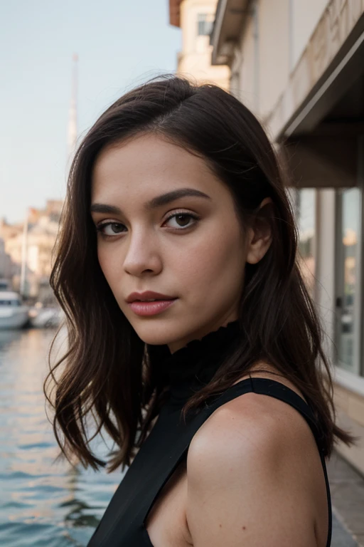 ((best quality)), ((masterpiece)), (detailed), perfect face realistic photo of beautiful woman with long dark brown hair, Russian, influencer, light freckles, dark brown eyes, big lips, no makeup, instagram, in a black dress by the water, a picture, tumblr, thierry mugler, cannes, corset, 2 0 2 2, haute couture! fashion!, anton fedeev, sheer,