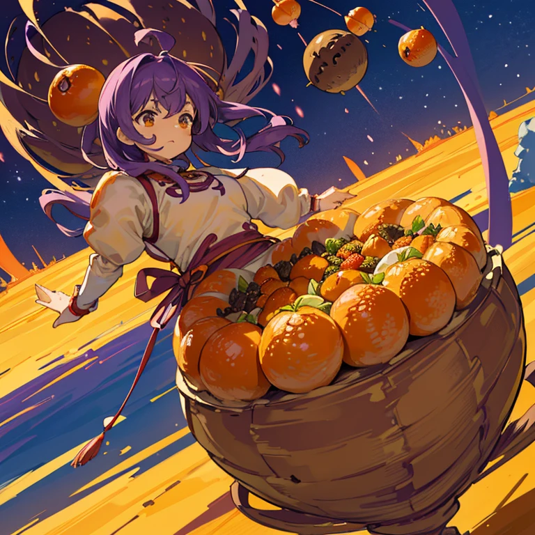 Flying Potato Armor Girl covered in boiling large strawberry cake armor serving a large purple potato jam、Amazing dynamism、Amazing Angle、unstable buoyancy sandstorm、((Lots of friendly dried fruit spheres drifting and chasing in close clusters))、(surround each other'large mandarin orange ball)、