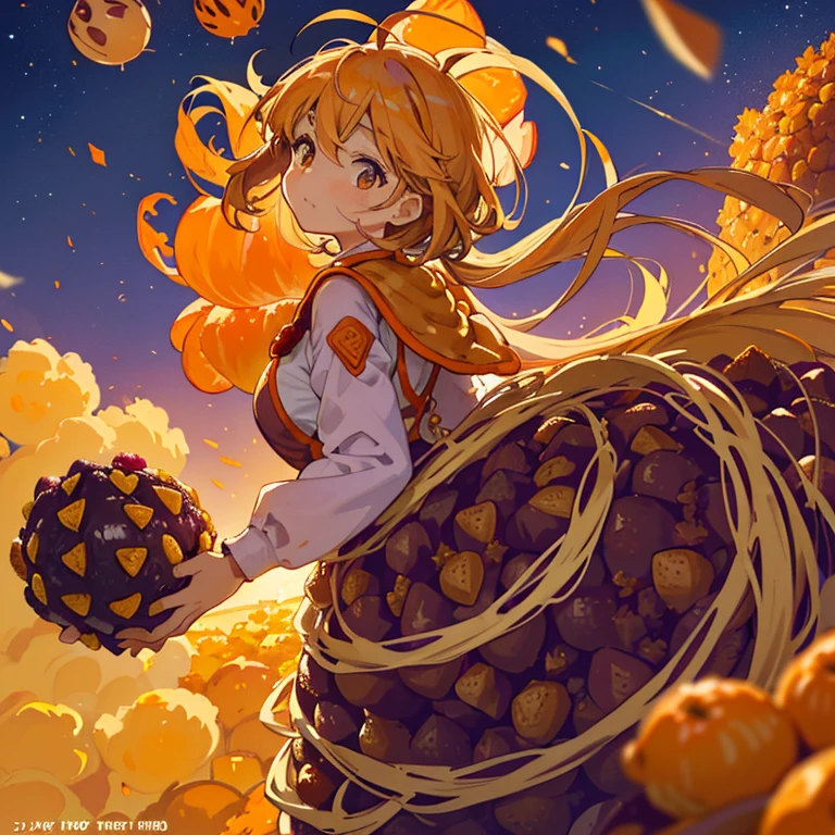Flying Potato Armor Girl covered in boiling large strawberry cake armor serving a large purple potato jam、Amazing dynamism、Amazing Angle、unstable buoyancy sandstorm、((Lots of friendly dried fruit spheres drifting and chasing in close clusters))、(surround each other'large mandarin orange ball)、