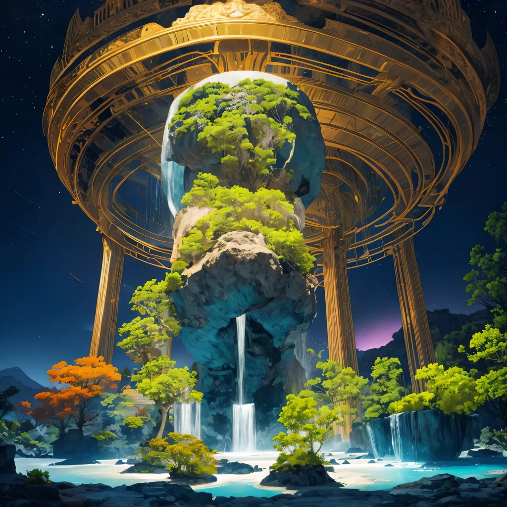 Alien Hexagonal Base (very detailed nipples) In a hexagonal mountain oasis，There are several hexagonal exhaust fans and chimneys, some neon lights projecting from the base，Light up the dark night), There are some clouds in the night sky, Some surrounding planets provide air to unknown planets，The most remote giant hexagonal volcano erupts，the rainforest