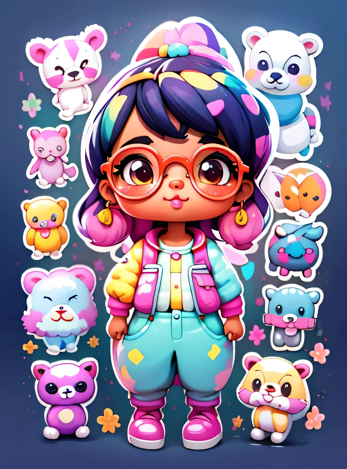 a cartoon girl with glasses, Menina afro-americana, menina elegante afro-americana, mochila roxa, long pants, camisa de urso, super bonito funky menina preta, arte digital detalhada bonito, Retrato de uma Lisa Frank, arte digital bonito, arte dos desenhos animados, estilo de arte dos desenhos animados, full-colour illustration, advanced digital chibi art, Cartoon style illustration, painting digital adorable, estilo de arte bonito, Estilo Lisa Frank, personagem bonito dos desenhos animados