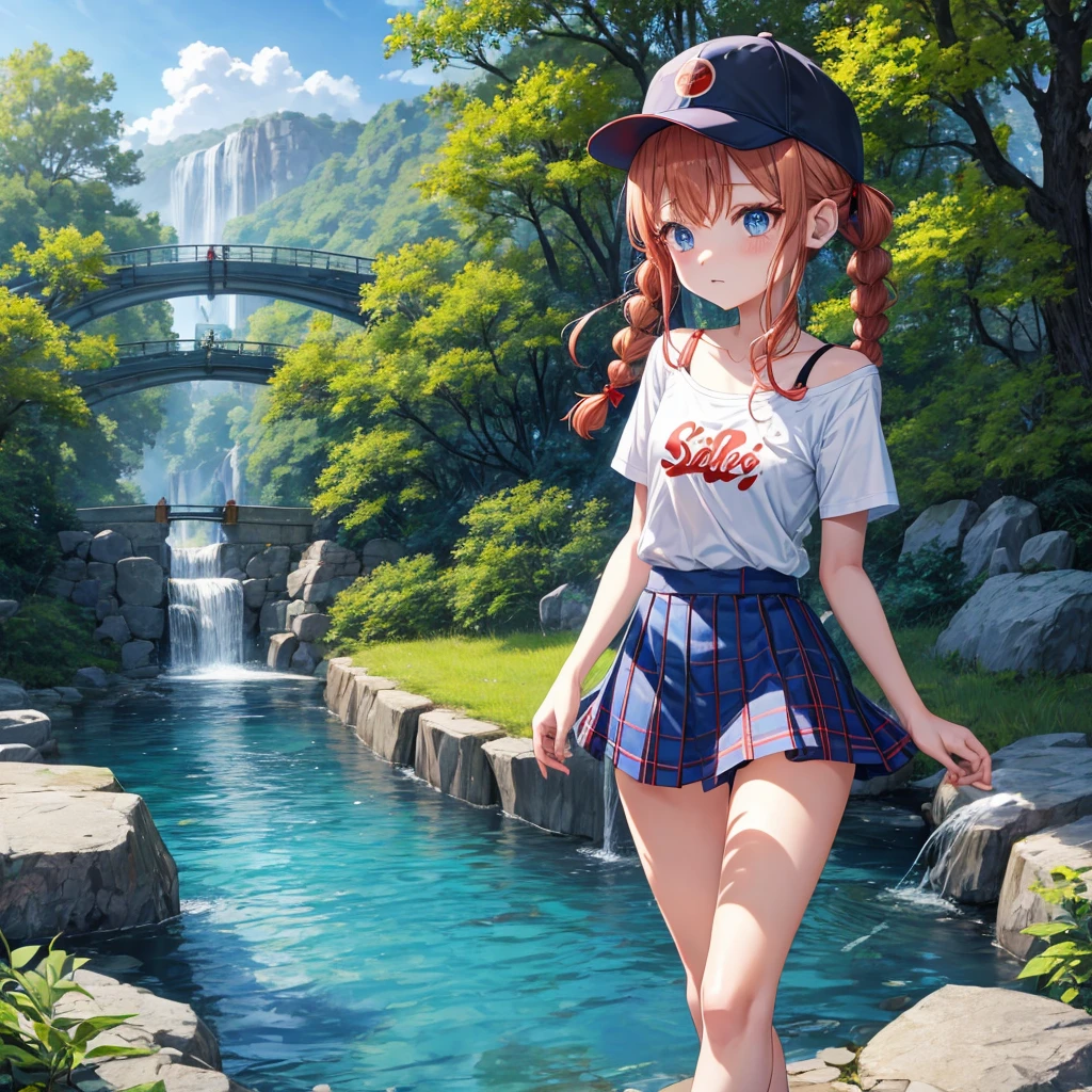 Red-blonde、Blue hair、blue eyess、Braids、poneyTail、one good looking girl、独奏、animesque、Plaid miniskirt、Black T-shirt、camisole、the woods、Walking、Wearing a plaid baseball cap、bare-legged、Tilting your face、log bridge、Doing the ribbon、have a twig、falls、Blue Topaz、Sunset sky、Wearing headphones、Stone bridge、falls壺、Waterwheel、Small fish are swimming