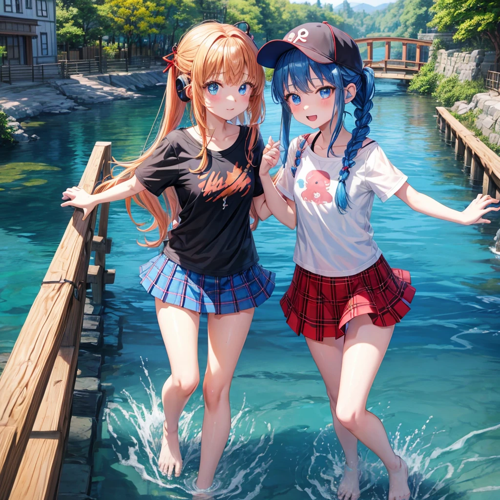 Red-blonde、Blue hair、blue eyess、Braids、poneyTail、one good looking girl、独奏、animesque、Plaid miniskirt、Black T-shirt、camisole、the woods、Walking、Wearing a plaid baseball cap、bare-legged、Tilting your face、log bridge、Doing the ribbon、have a twig、falls、Blue Topaz、Sunset sky、Wearing headphones、Stone bridge、falls壺、Waterwheel、Small fish are swimming
