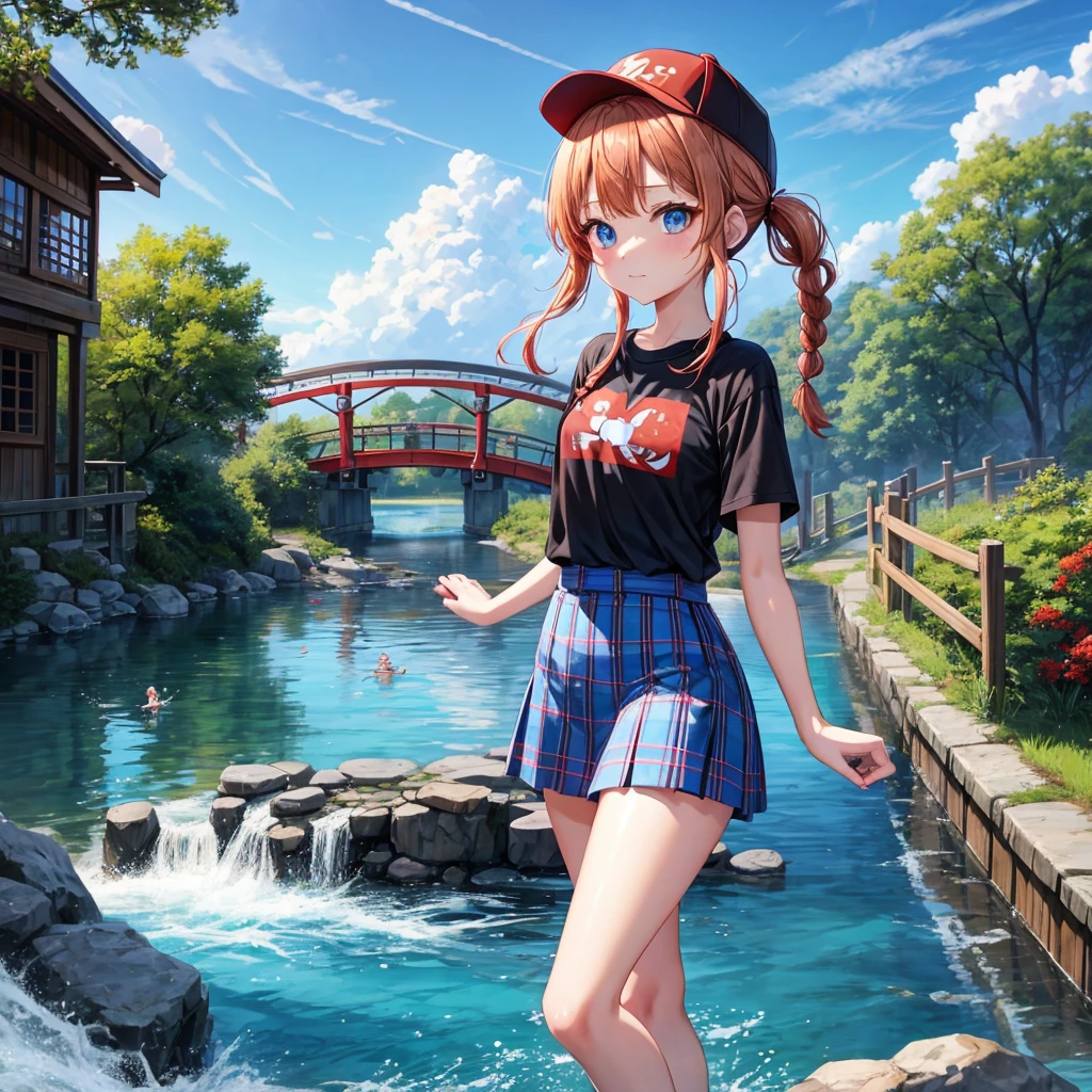 Red-blonde、Blue hair、blue eyess、Braids、poneyTail、one good looking girl、独奏、animesque、Plaid miniskirt、Black T-shirt、camisole、the woods、Walking、Wearing a plaid baseball cap、bare-legged、Tilting your face、log bridge、Doing the ribbon、have a twig、falls、Blue Topaz、Sunset sky、Wearing headphones、Stone bridge、falls壺、Waterwheel、Small fish are swimming