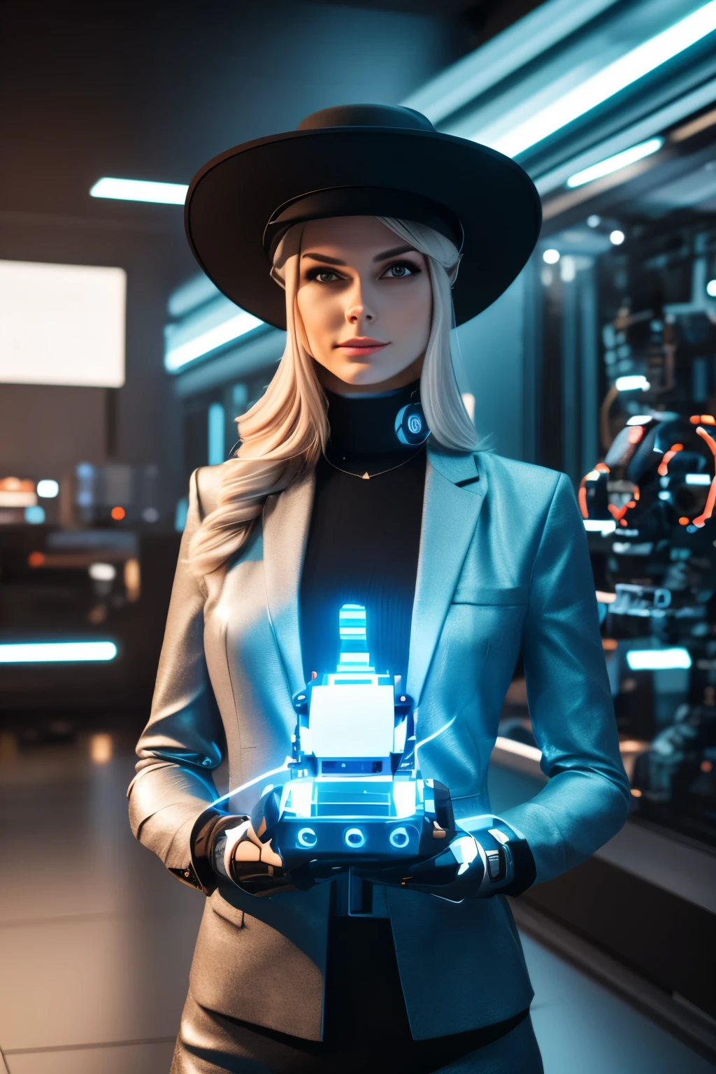 woman in a hat and with a robot in her hands, stock photo of Hedy Xandta, Presented at CG Society, les automatistes, future technology, Futuristic, Sci-Fi