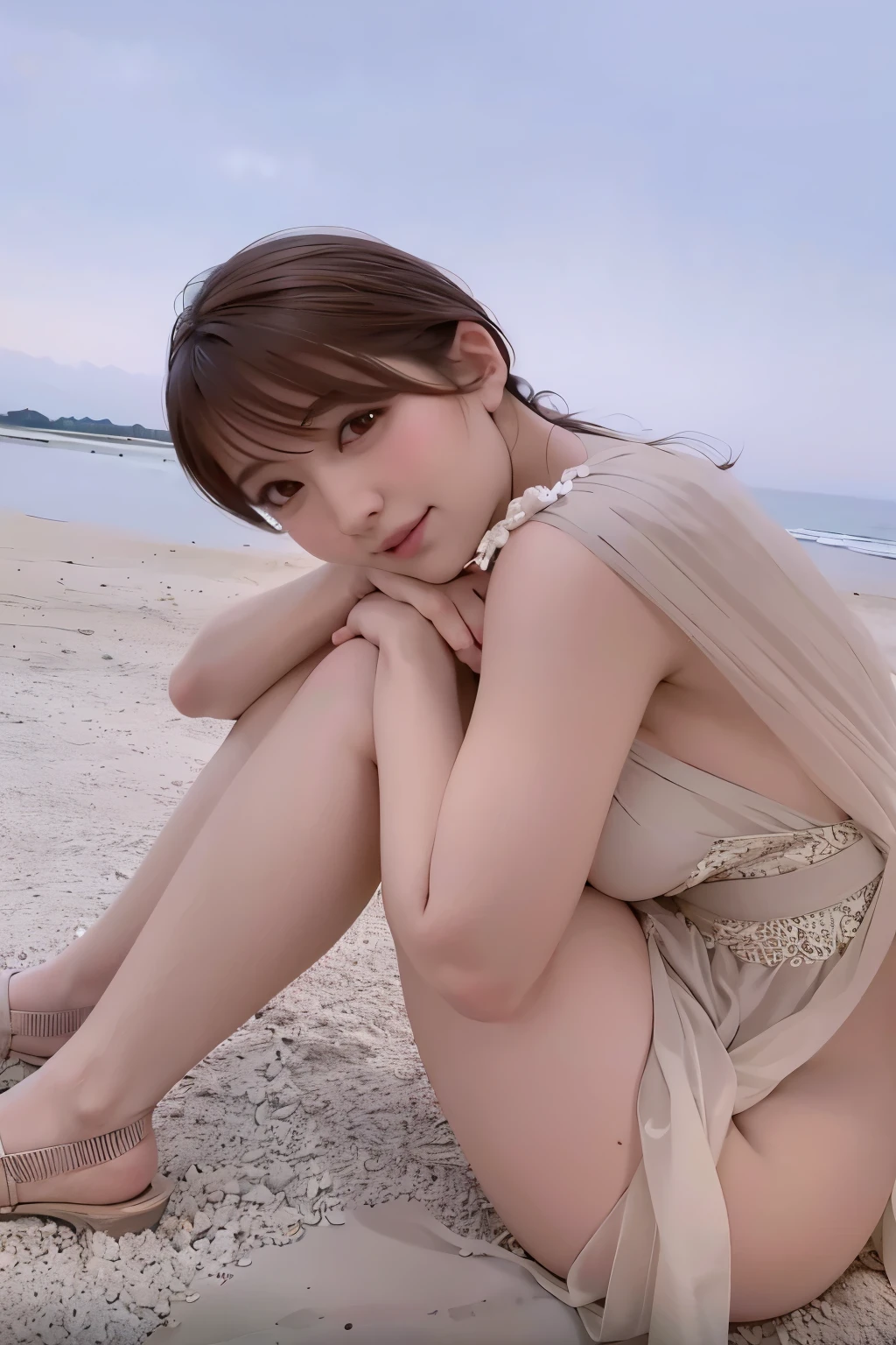 Fide woman wearing skirt and high heels sitting on the beach, 奈良美智, chiho, Young and beautiful gravure idol, Amano Ayumi Kojima, Japan goddess, realistic Young gravure idols, sakimi chan, Young gravure idols, Young gravure idols, Exquisite gravure-printed idols,