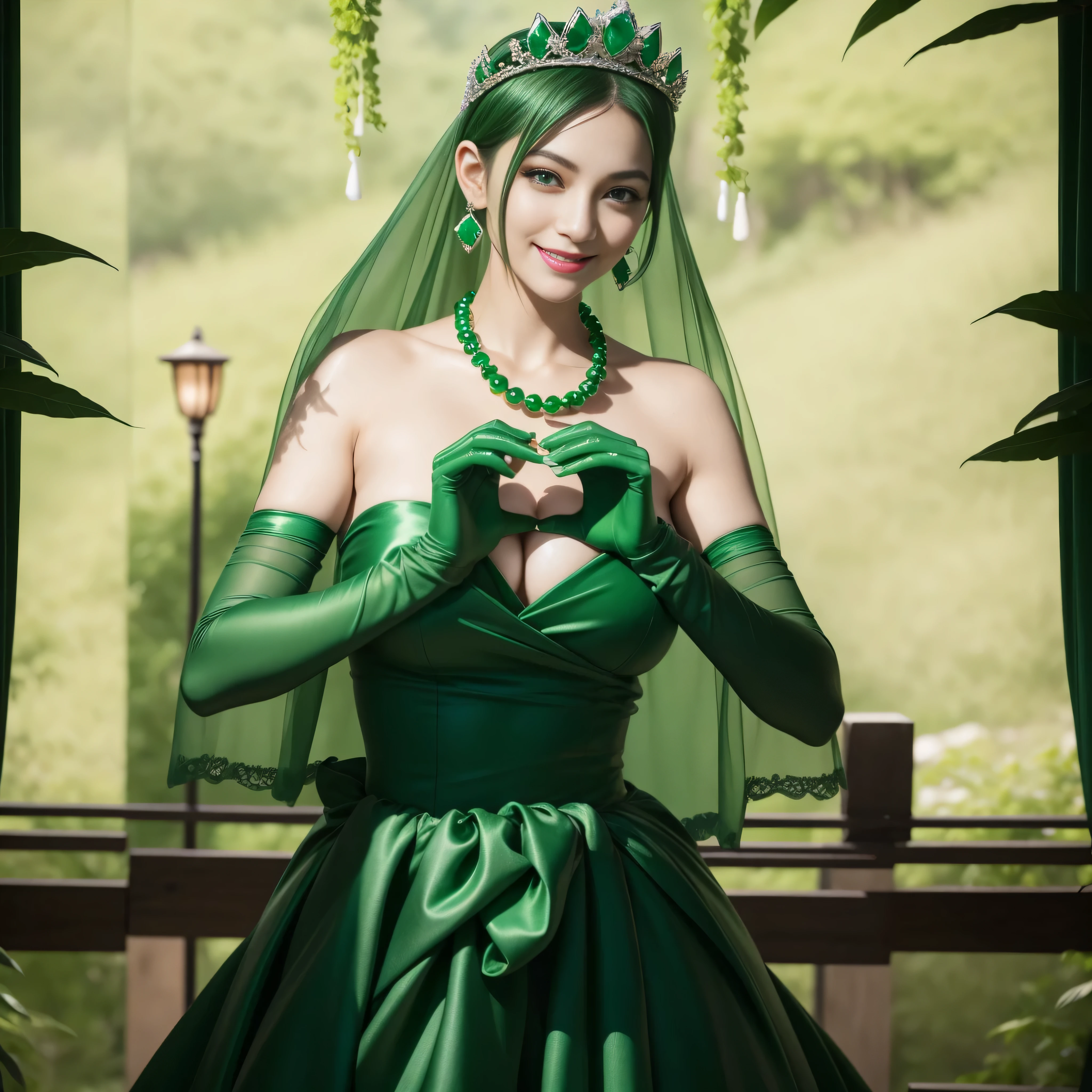emerald tiara, Green Pearl Necklace, Boyish very short green hair, lipsticks, Japan woman smiling, very short short hair, big breasts beautiful, Green eyes, Long green gloves made of satin material, Green eyes, Emerald Earrings, green vale, Heart with both hands