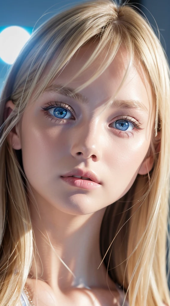 Beautiful blonde 18 year old American supermodel,  Dancewear, Sporty, Looking at Viewer, Slender figure, Beautiful Blonde Girl, bangs between the eyes、Detailed face, realistic light blue eyes, Detailed bright glowing light blue eyes, very big eyes、Point the camera straight, FUJI XT3、Round face、Small face beauty、cheek gloss highlight、
