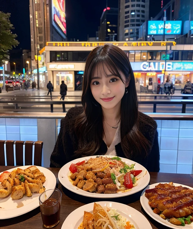 (ultra-detailliert、Raw photo、Top image quality、Realistic)、fun night time、A scene to enjoy delicious food、It is important to create an atmosphere that reflects the city lights and delicious food.、The season is winter、Beautiful coordination、A detailed face、Detailed Limbs、Detailed cooking